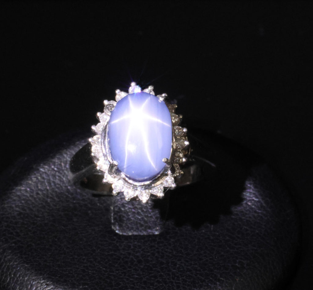 Estate 8.04ct Natural Star Sapphire &0.26ct Diamond Halo Platinum Ring Size 4.75