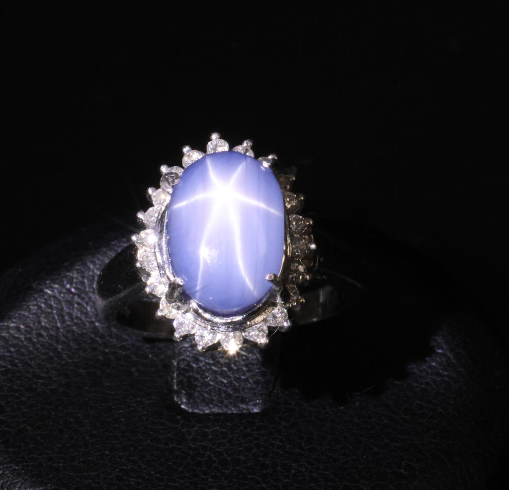 Estate 8.04ct Natural Star Sapphire &0.26ct Diamond Halo Platinum Ring Size 4.75