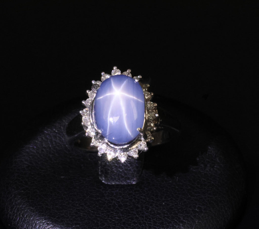 Estate 8.04ct Natural Star Sapphire &0.26ct Diamond Halo Platinum Ring Size 4.75
