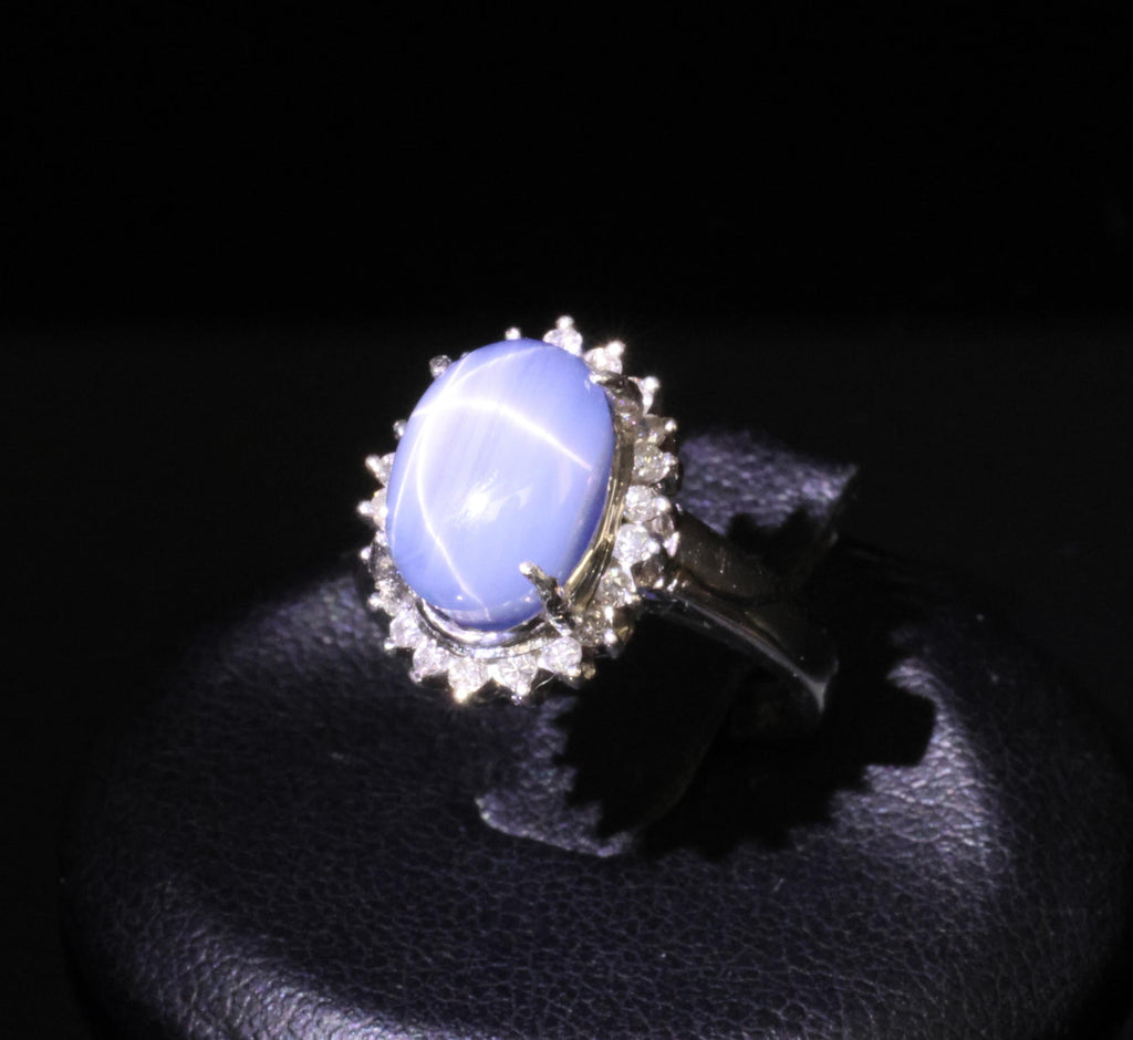 Estate 8.04ct Natural Star Sapphire &0.26ct Diamond Halo Platinum Ring Size 4.75