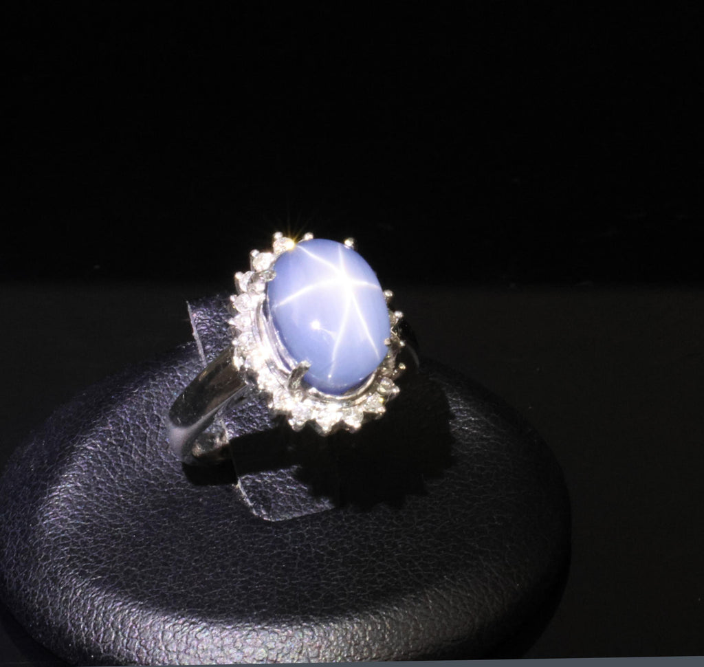 Estate 8.04ct Natural Star Sapphire &0.26ct Diamond Halo Platinum Ring Size 4.75