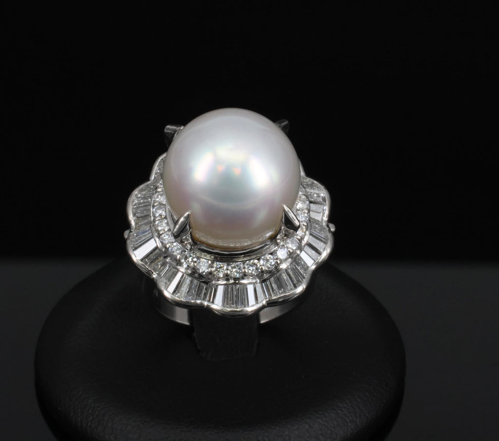 Rare 14mm South Seas Pearl & 1.97ct Diamond Double Halo Platinum Ring, Size 5.5
