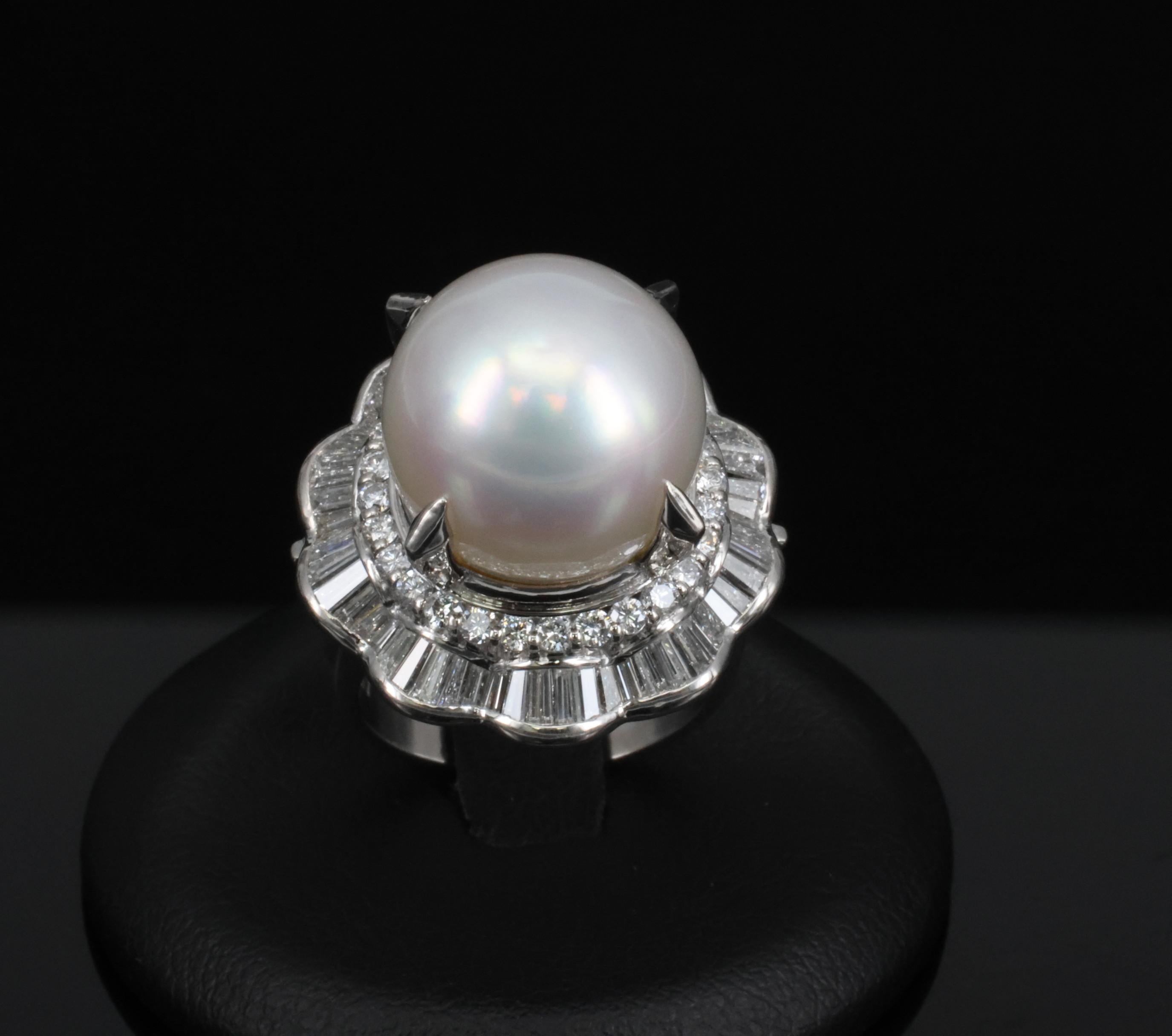 Rare 14mm South Seas Pearl & 1.97ct Diamond Double Halo Platinum Ring, Size 5.5