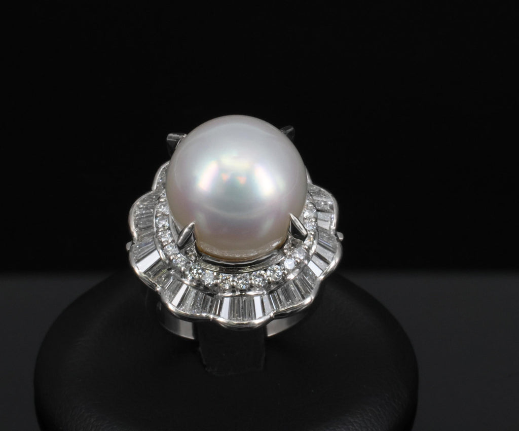 Rare 14mm South Seas Pearl & 1.97ct Diamond Double Halo Platinum Ring, Size 5.5