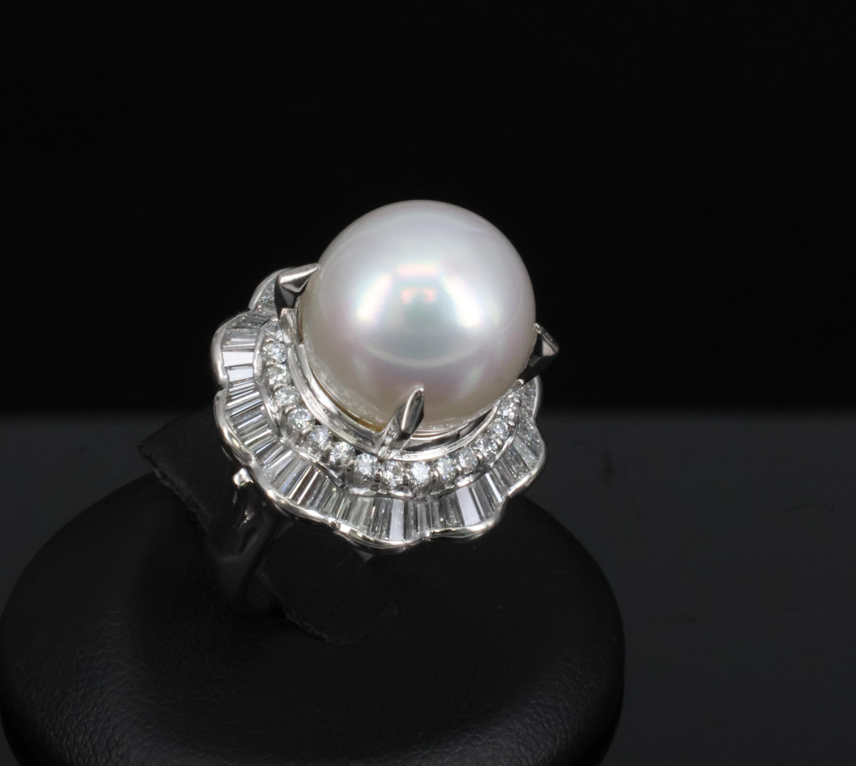 Rare 14mm South Seas Pearl & 1.97ct Diamond Double Halo Platinum Ring, Size 5.5