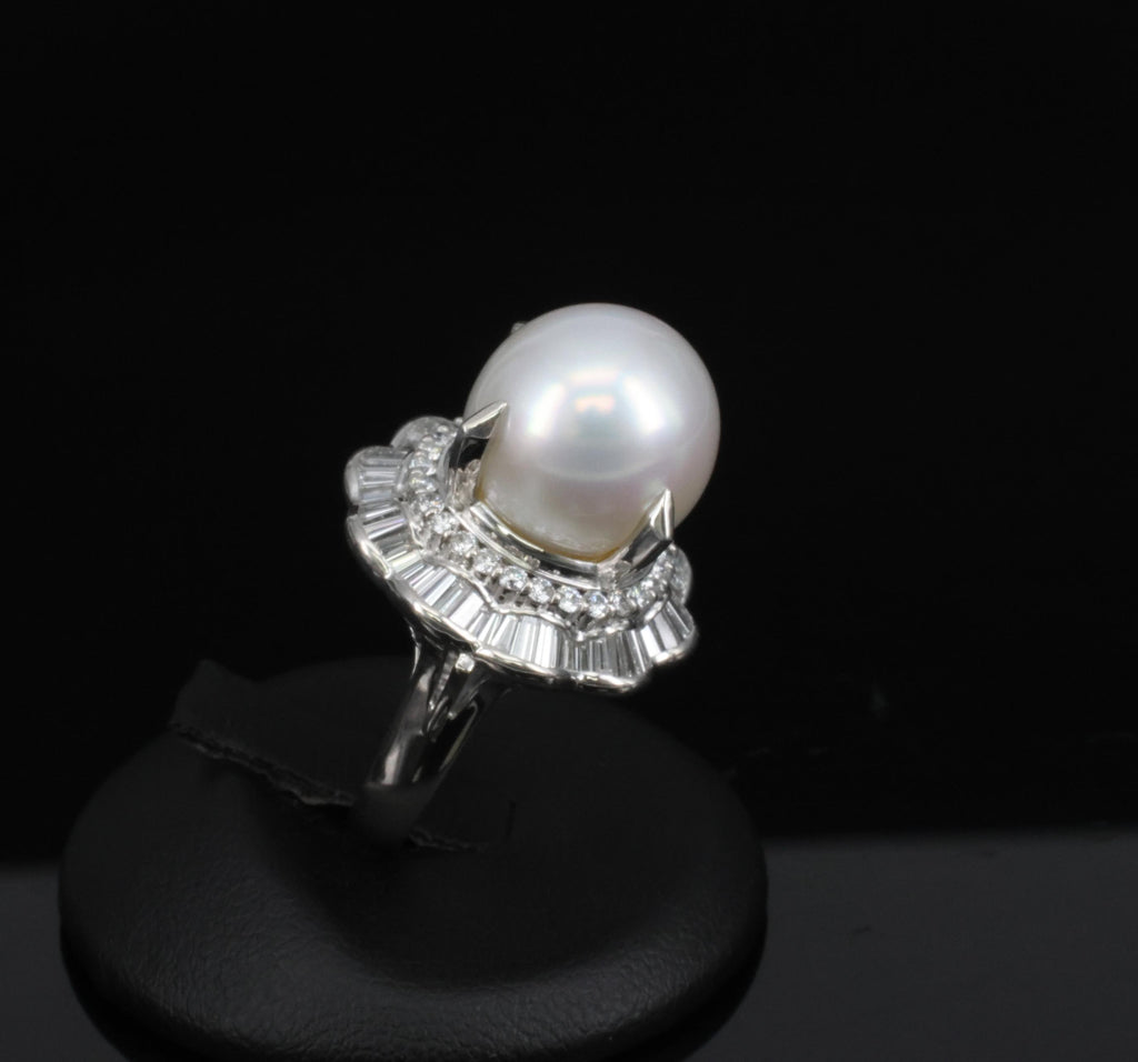 Rare 14mm South Seas Pearl & 1.97ct Diamond Double Halo Platinum Ring, Size 5.5