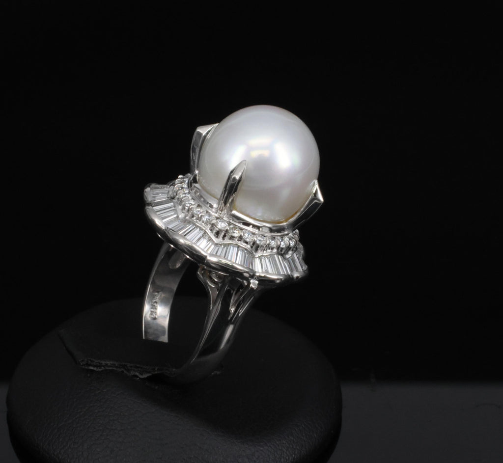 Rare 14mm South Seas Pearl & 1.97ct Diamond Double Halo Platinum Ring, Size 5.5