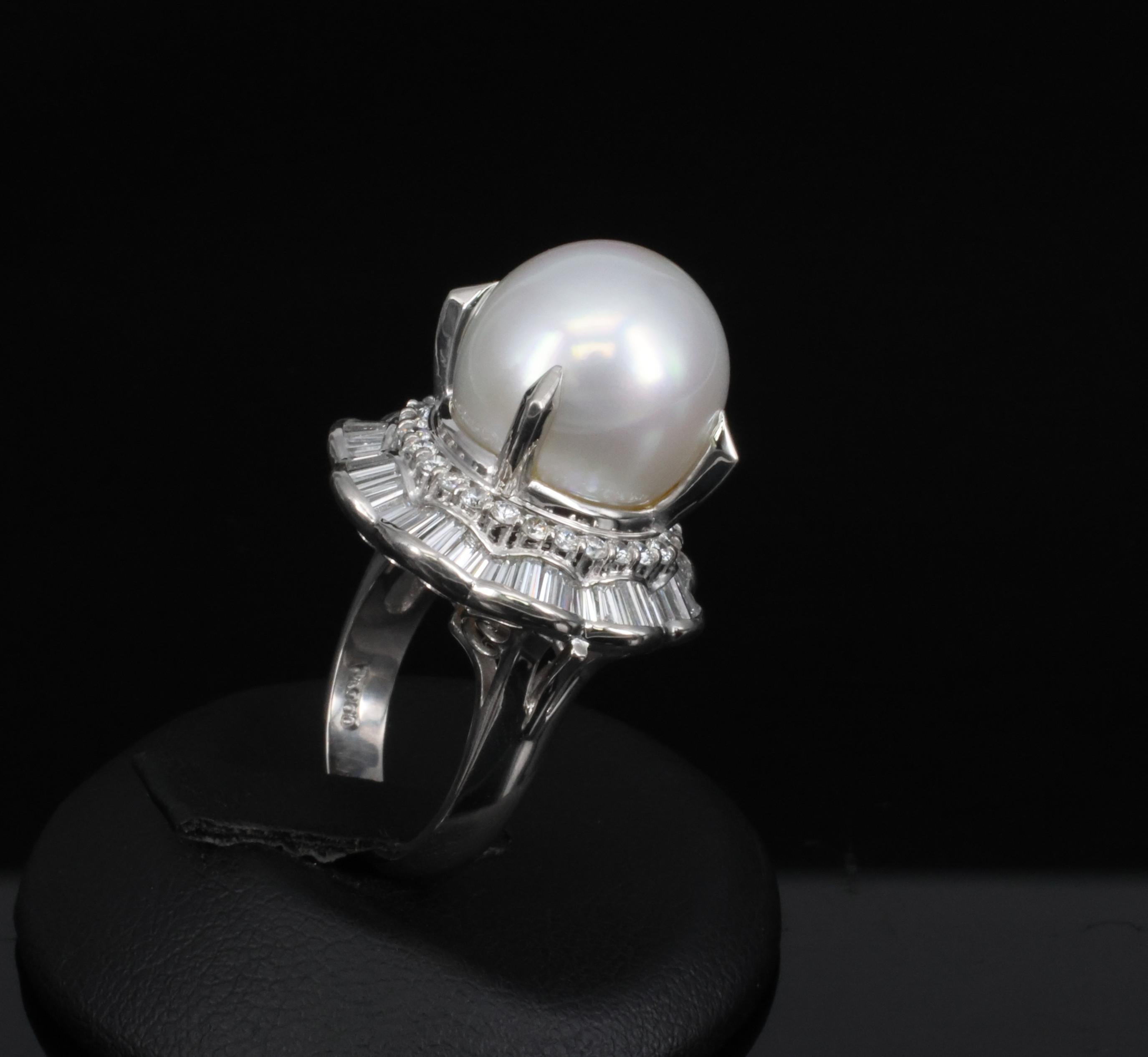 Rare 14mm South Seas Pearl & 1.97ct Diamond Double Halo Platinum Ring, Size 5.5