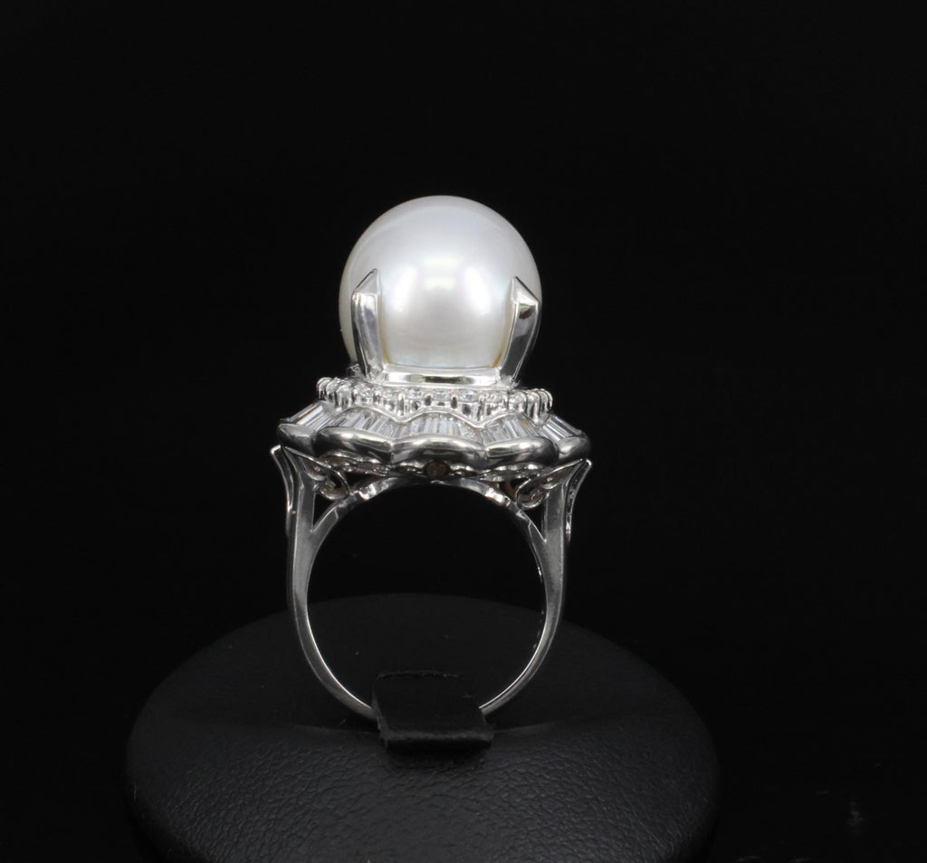 Rare 14mm South Seas Pearl & 1.97ct Diamond Double Halo Platinum Ring, Size 5.5