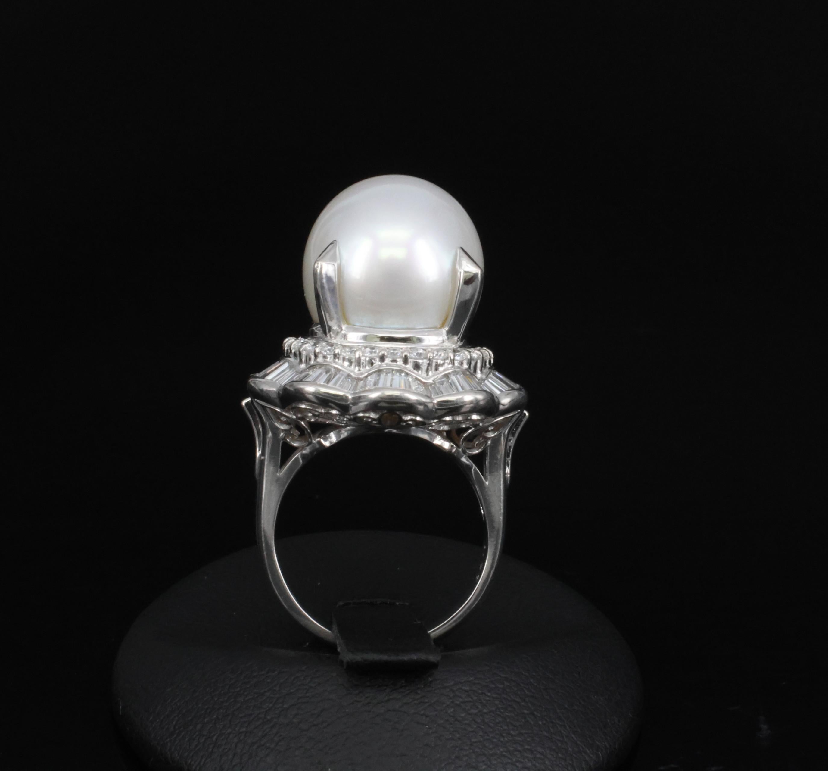 Rare 14mm South Seas Pearl & 1.97ct Diamond Double Halo Platinum Ring, Size 5.5