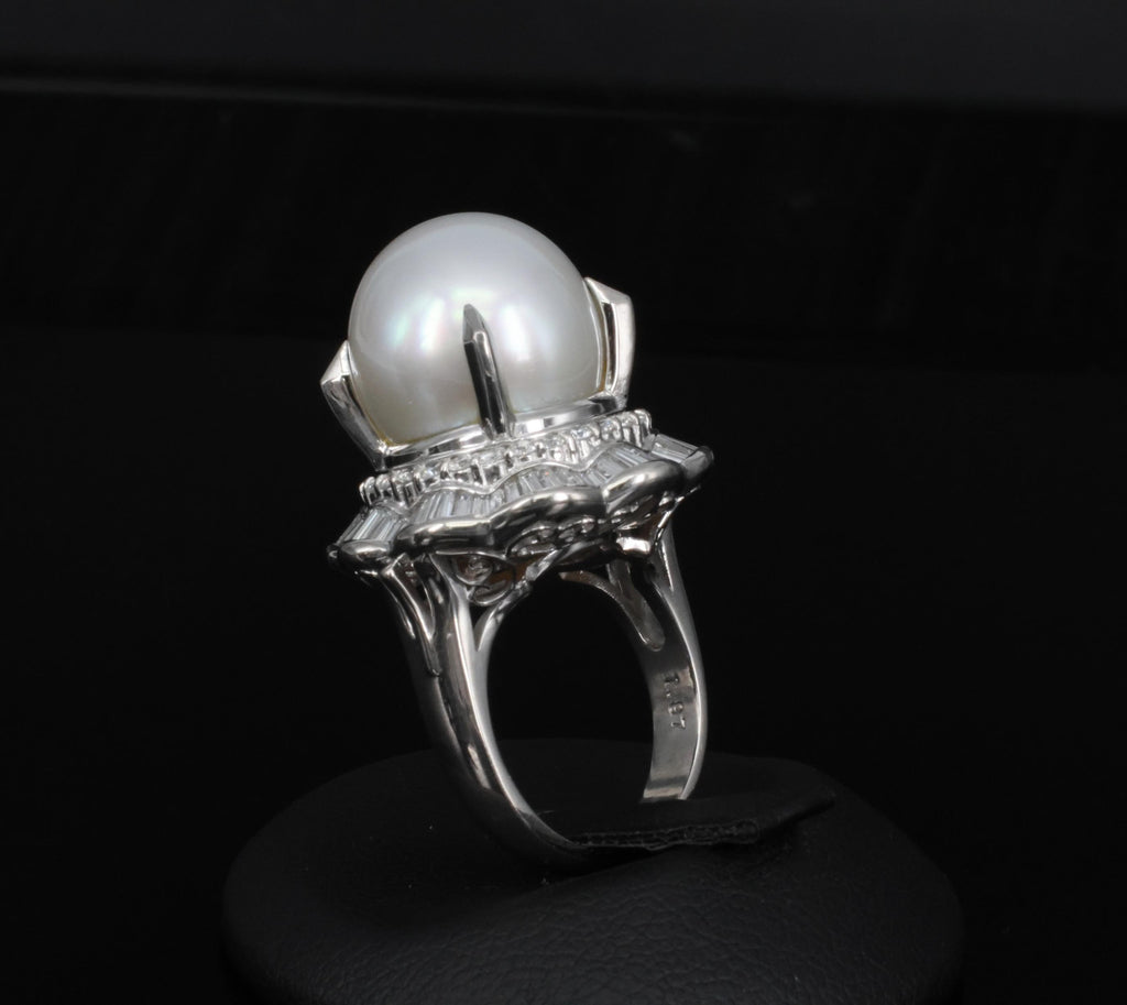 Rare 14mm South Seas Pearl & 1.97ct Diamond Double Halo Platinum Ring, Size 5.5