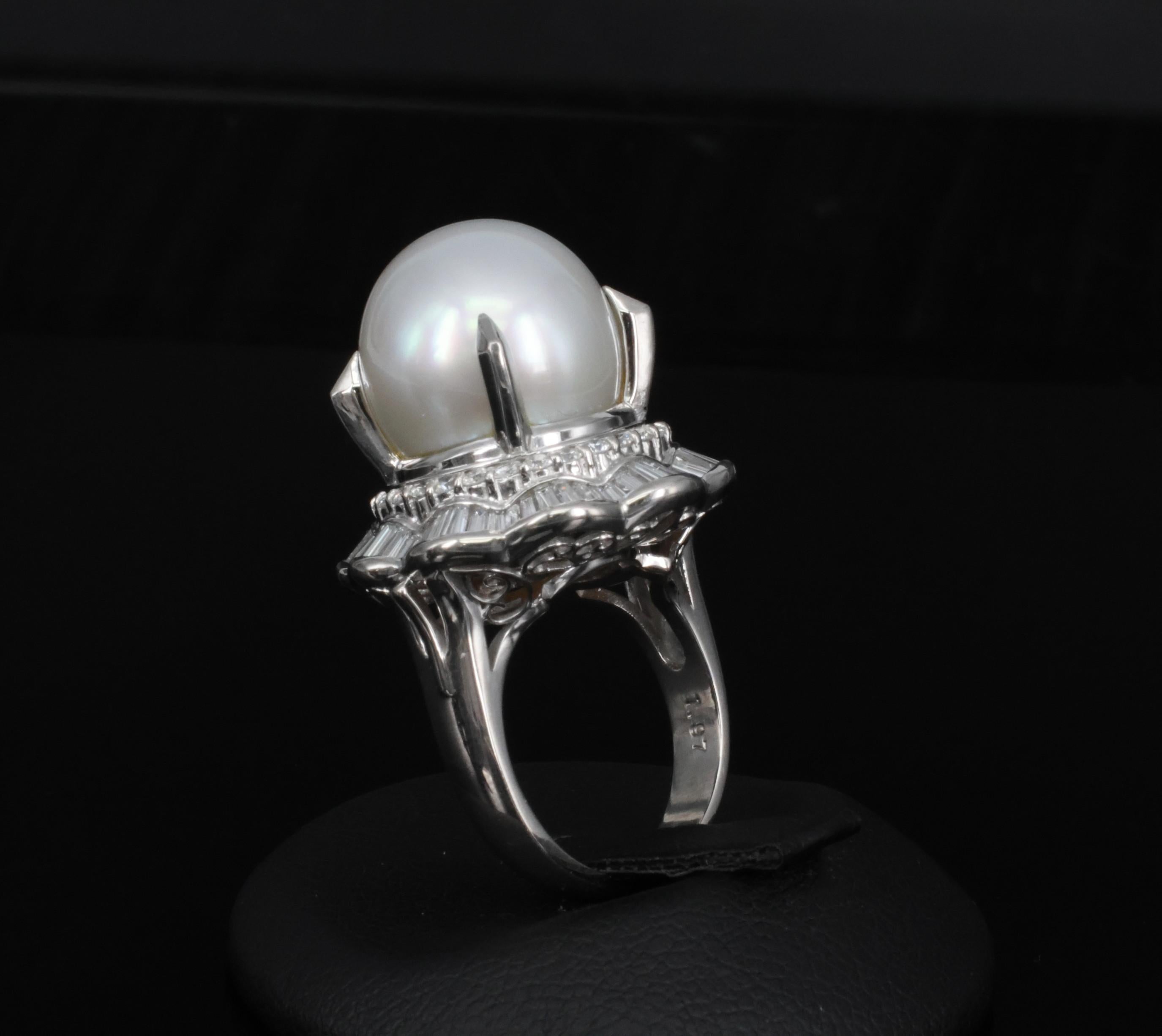 Rare 14mm South Seas Pearl & 1.97ct Diamond Double Halo Platinum Ring, Size 5.5