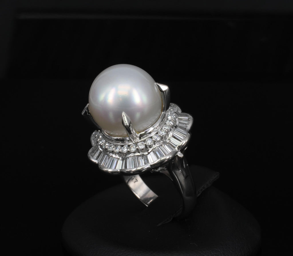 Rare 14mm South Seas Pearl & 1.97ct Diamond Double Halo Platinum Ring, Size 5.5
