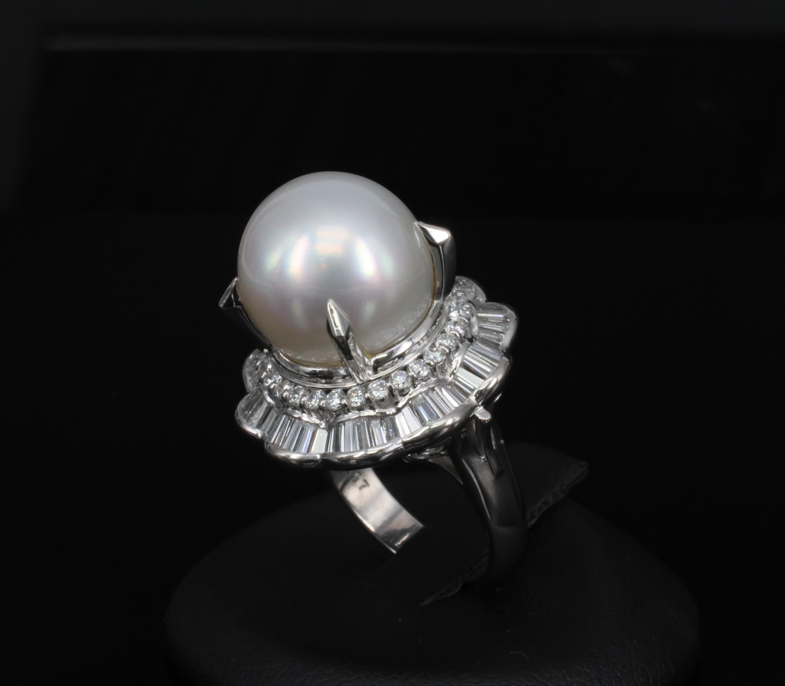 Rare 14mm South Seas Pearl & 1.97ct Diamond Double Halo Platinum Ring, Size 5.5