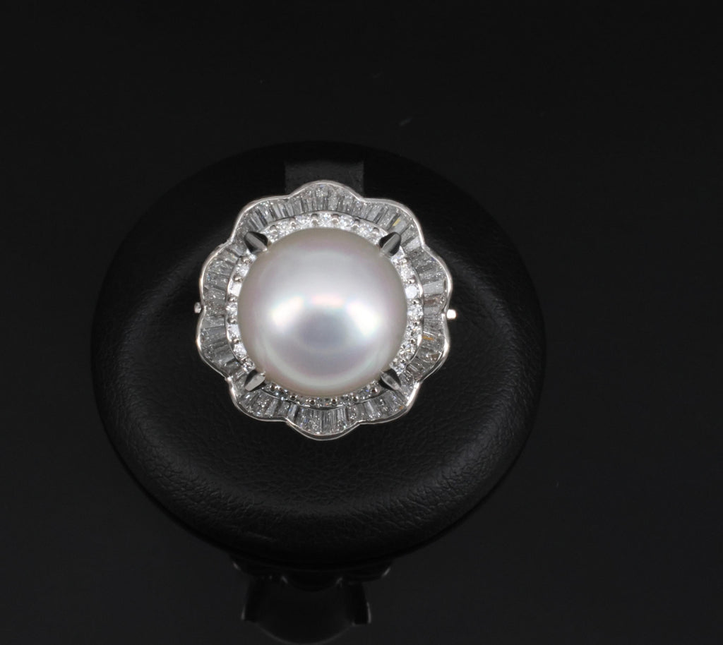 Rare 14mm South Seas Pearl & 1.97ct Diamond Double Halo Platinum Ring, Size 5.5
