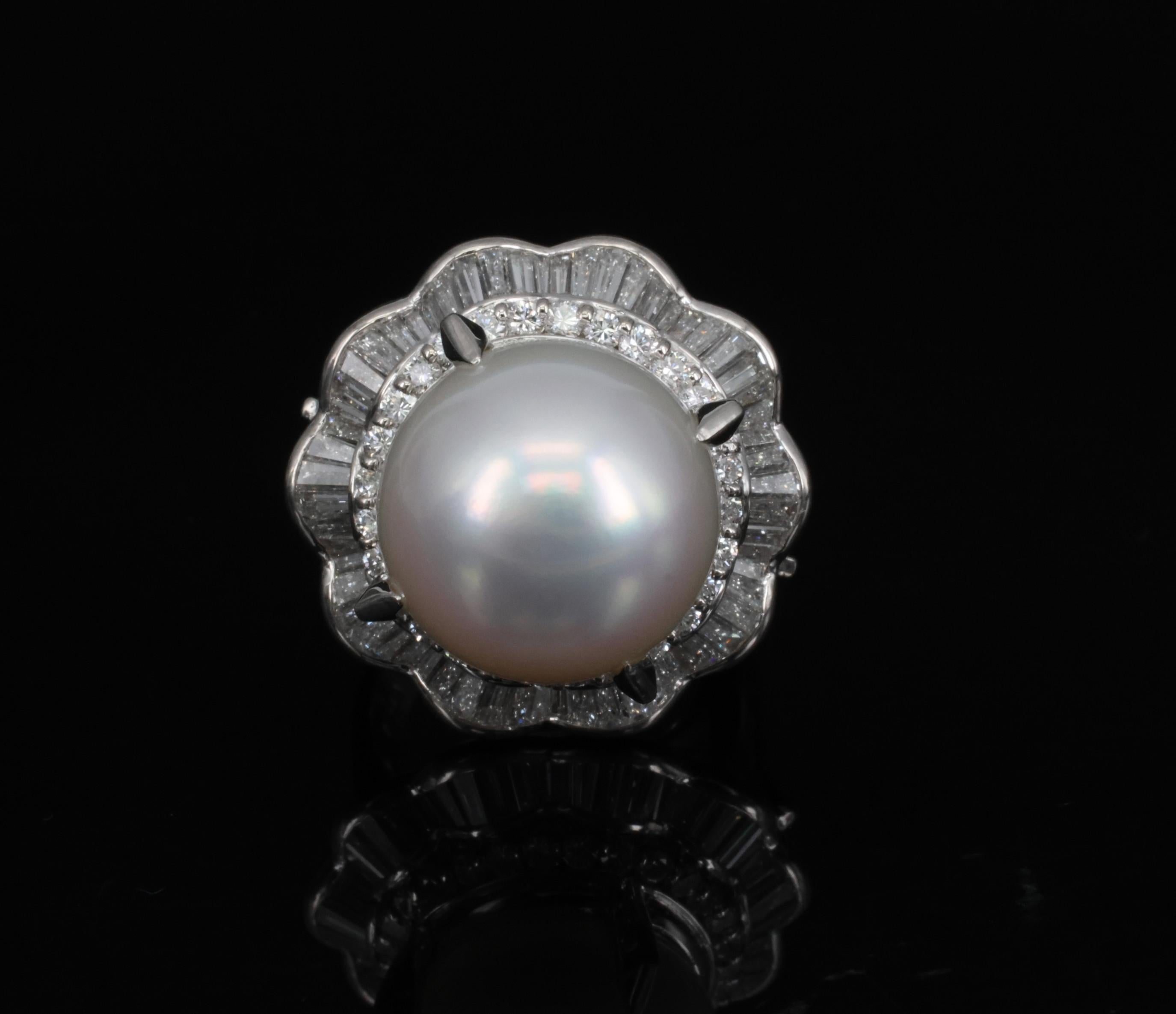 Rare 14mm South Seas Pearl & 1.97ct Diamond Double Halo Platinum Ring, Size 5.5