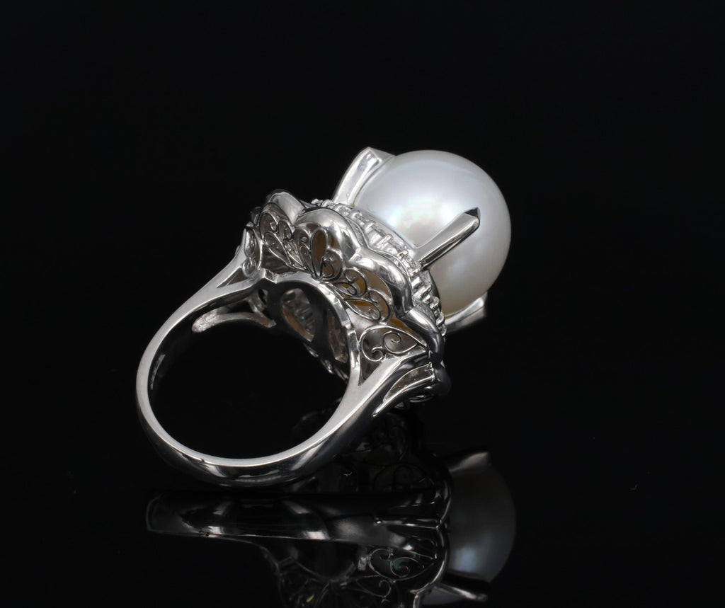 Rare 14mm South Seas Pearl & 1.97ct Diamond Double Halo Platinum Ring, Size 5.5