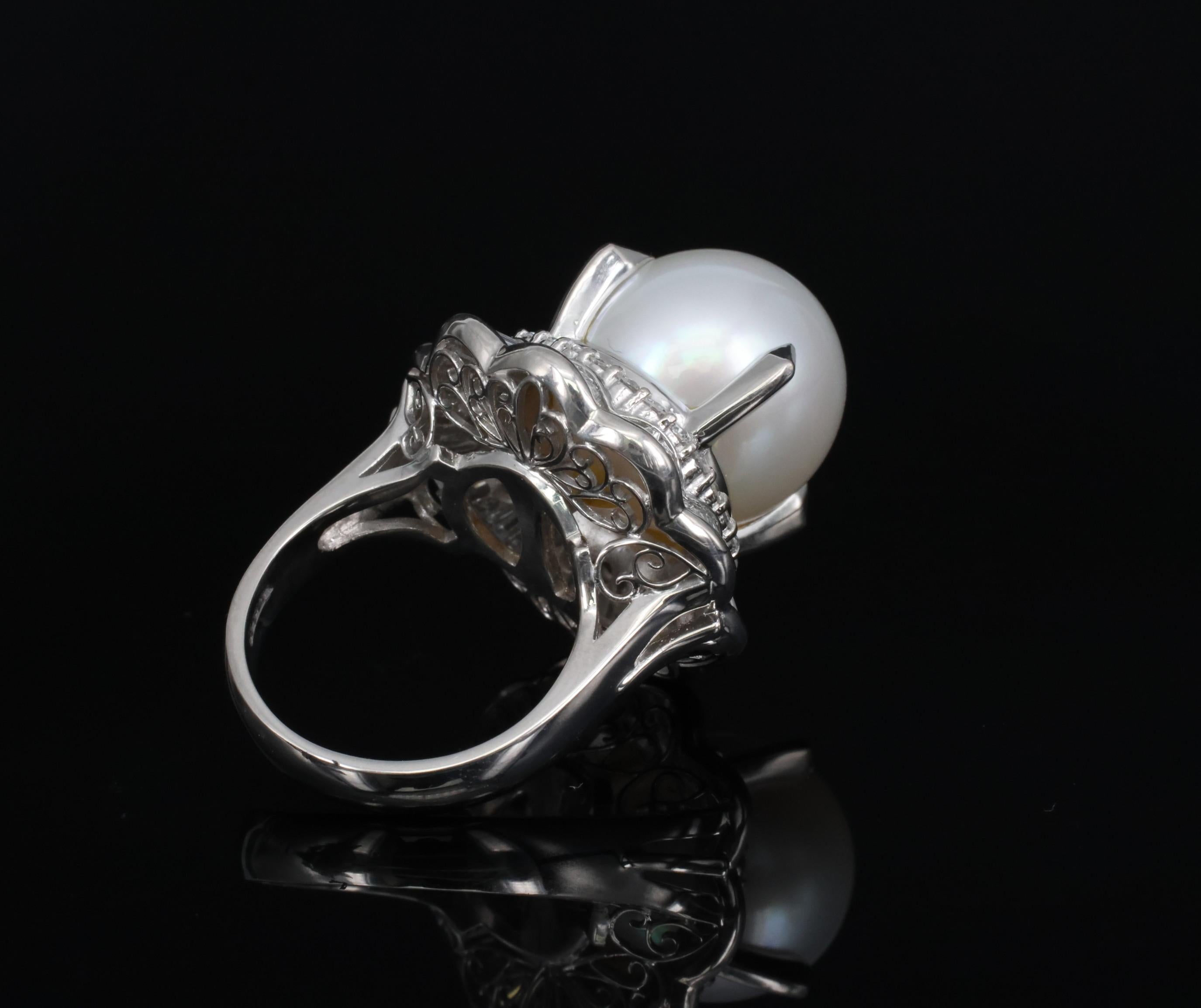 Rare 14mm South Seas Pearl & 1.97ct Diamond Double Halo Platinum Ring, Size 5.5