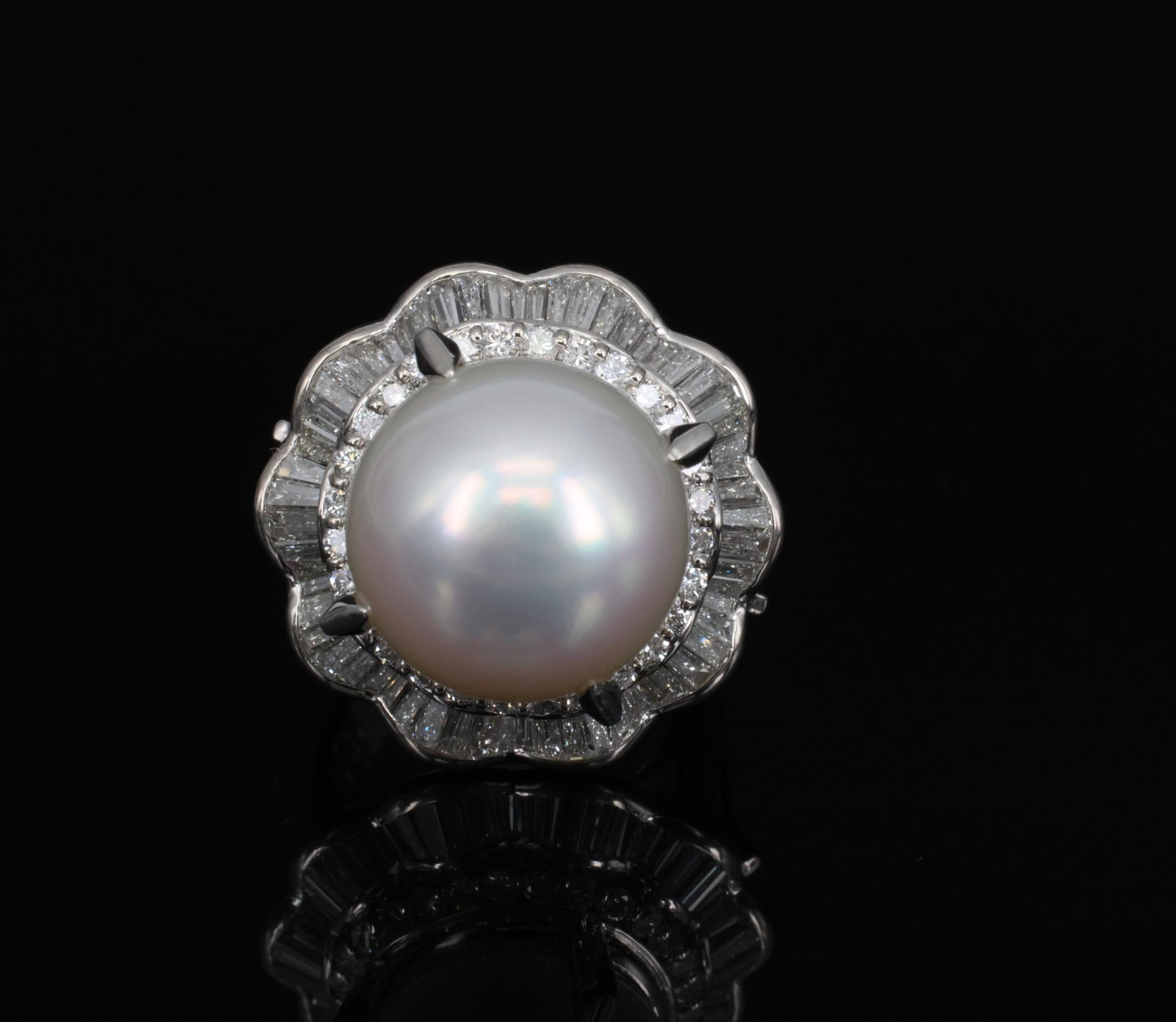 Rare 14mm South Seas Pearl & 1.97ct Diamond Double Halo Platinum Ring, Size 5.5