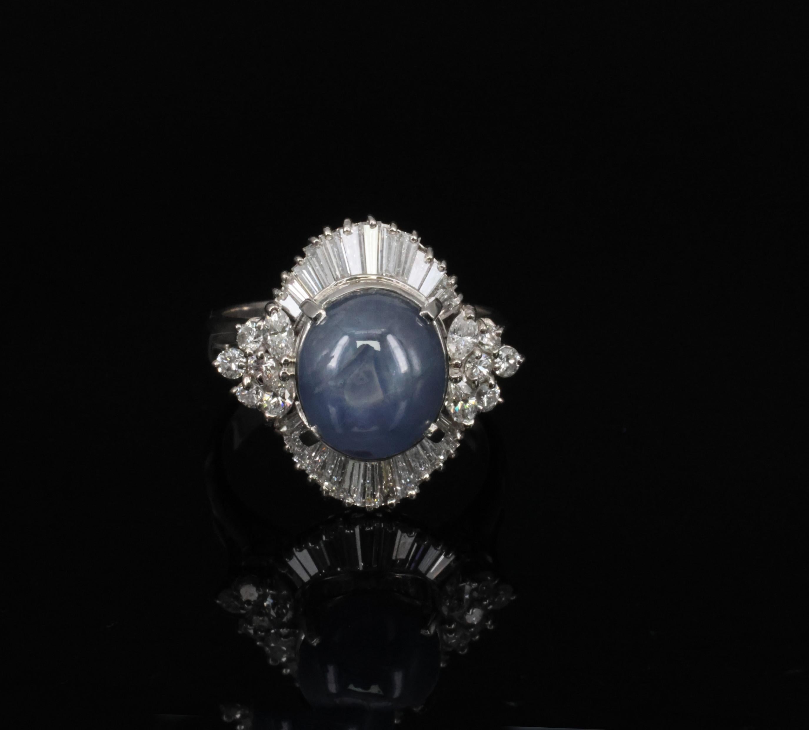 Fine 4.93ct Natural Blue Star Sapphire & 1.11ct Diamond Platinum Ring, Size 6.25