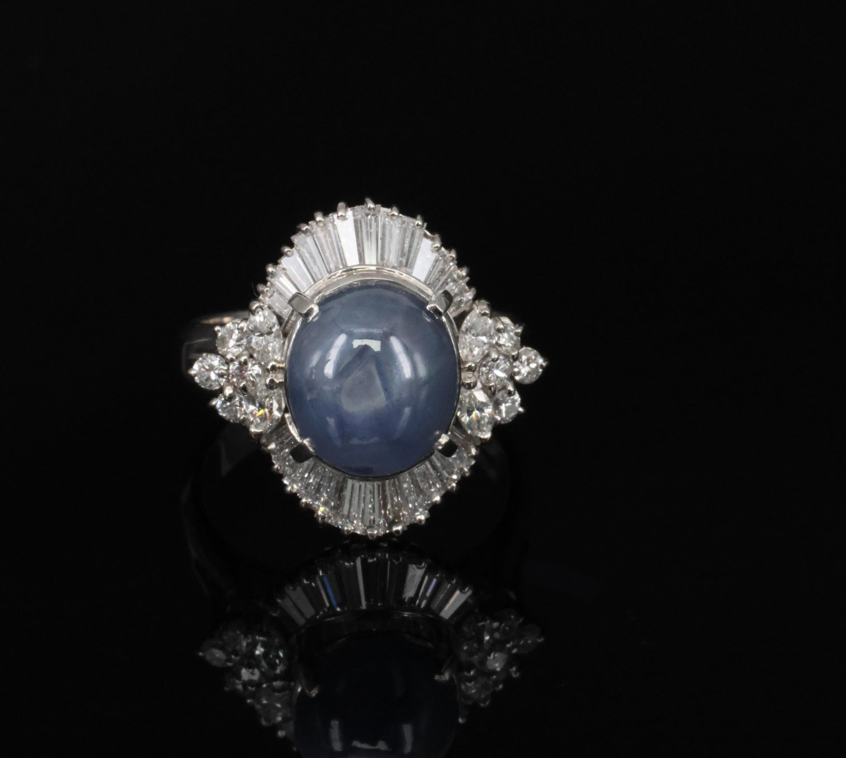 Fine 4.93ct Natural Blue Star Sapphire & 1.11ct Diamond Platinum Ring, Size 6.25