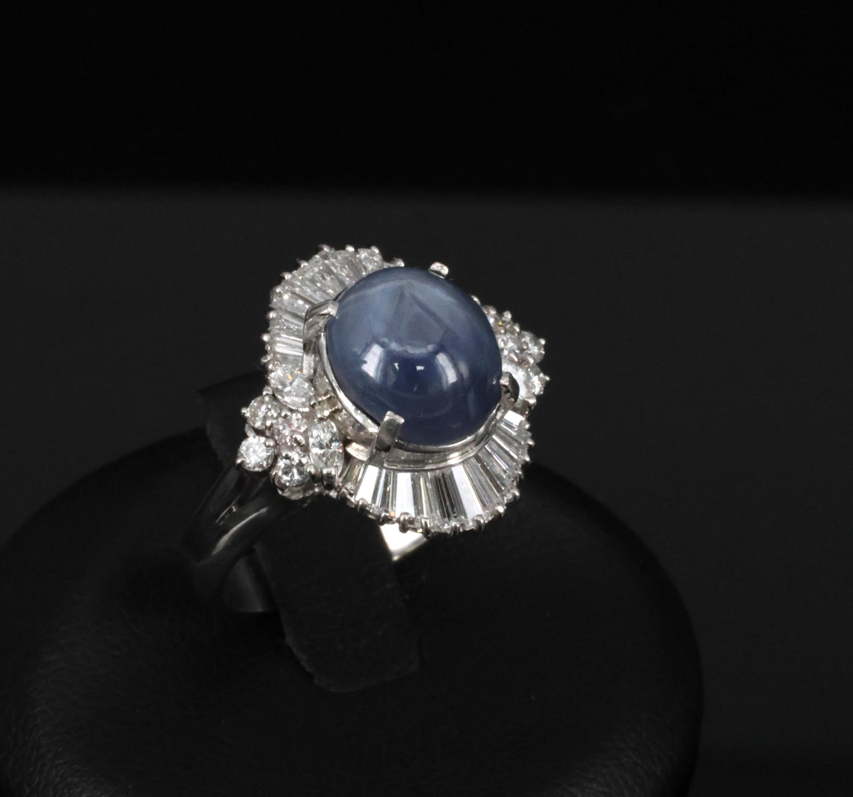 Fine 4.93ct Natural Blue Star Sapphire & 1.11ct Diamond Platinum Ring, Size 6.25