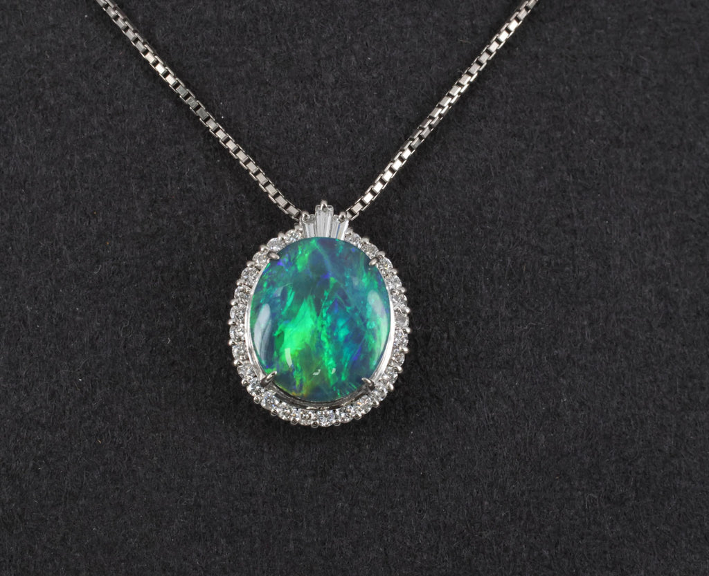Fine 2.25ct Natural Untreated Black Opal & 0.36ct Diamond Halo Platinum Necklace