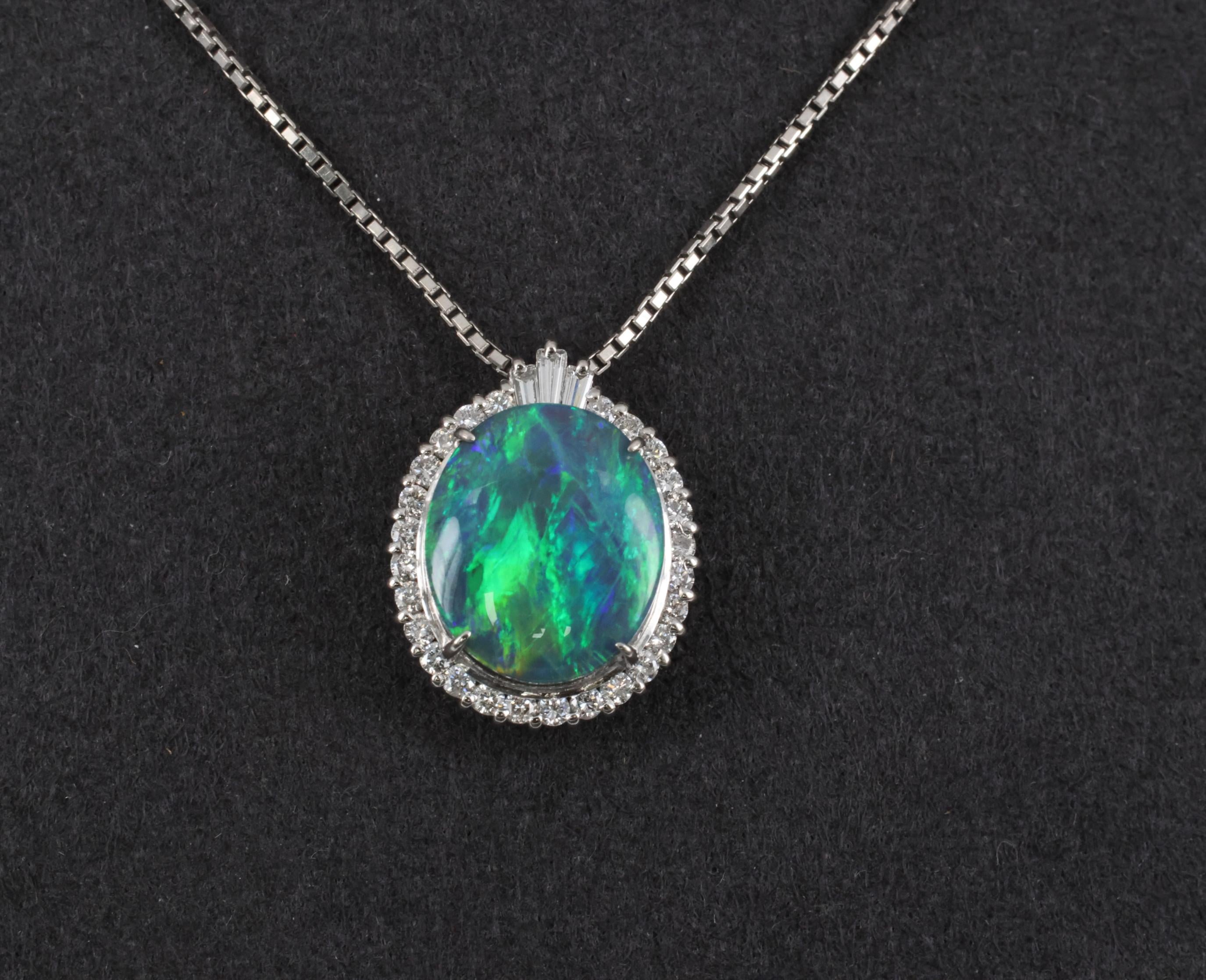 Fine 2.25ct Natural Untreated Black Opal & 0.36ct Diamond Halo Platinum Necklace