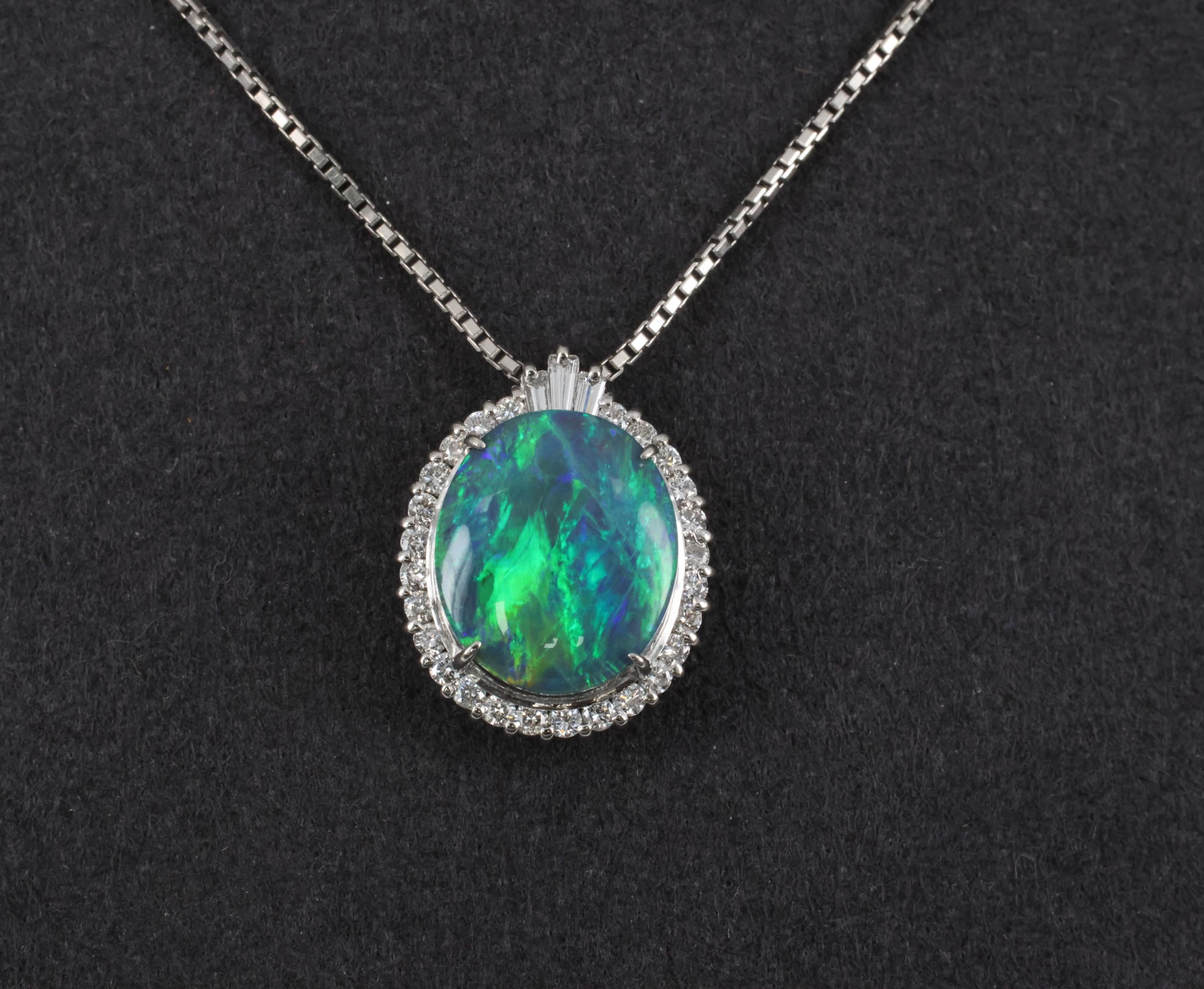 Fine 2.25ct Natural Untreated Black Opal & 0.36ct Diamond Halo Platinum Necklace
