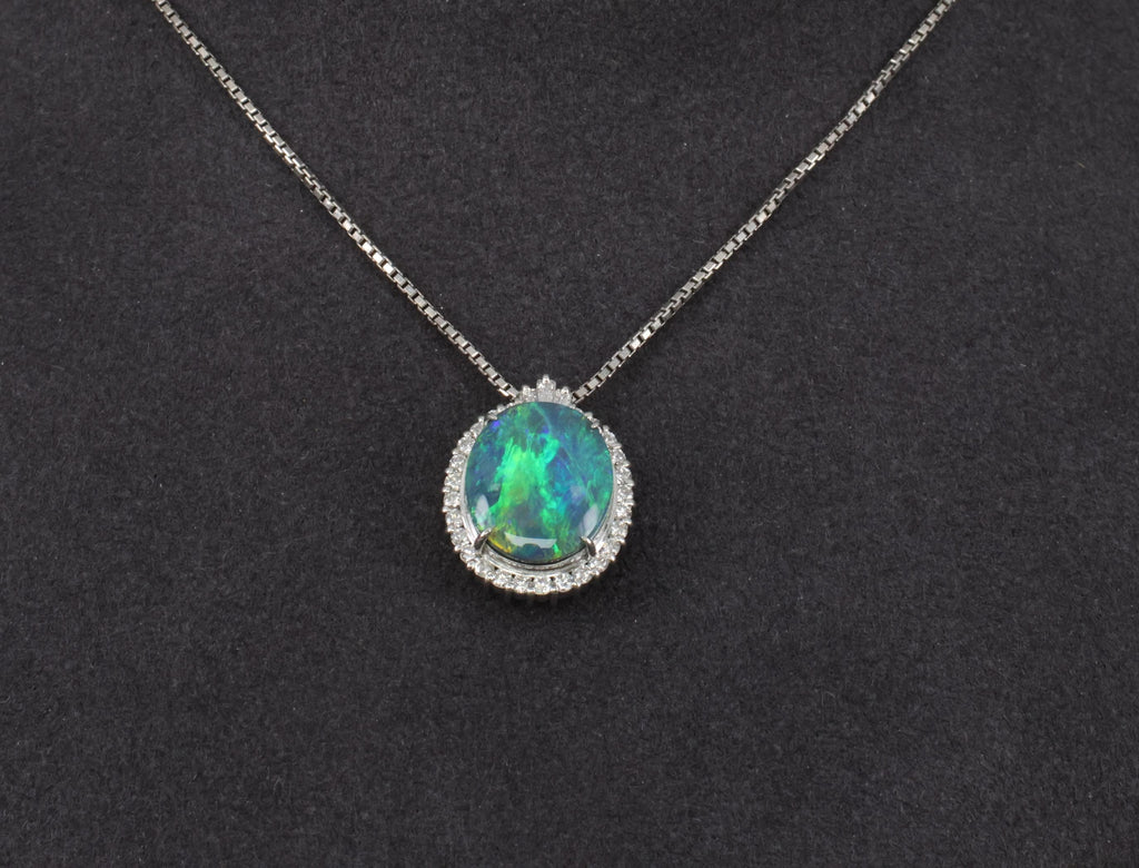 Fine 2.25ct Natural Untreated Black Opal & 0.36ct Diamond Halo Platinum Necklace