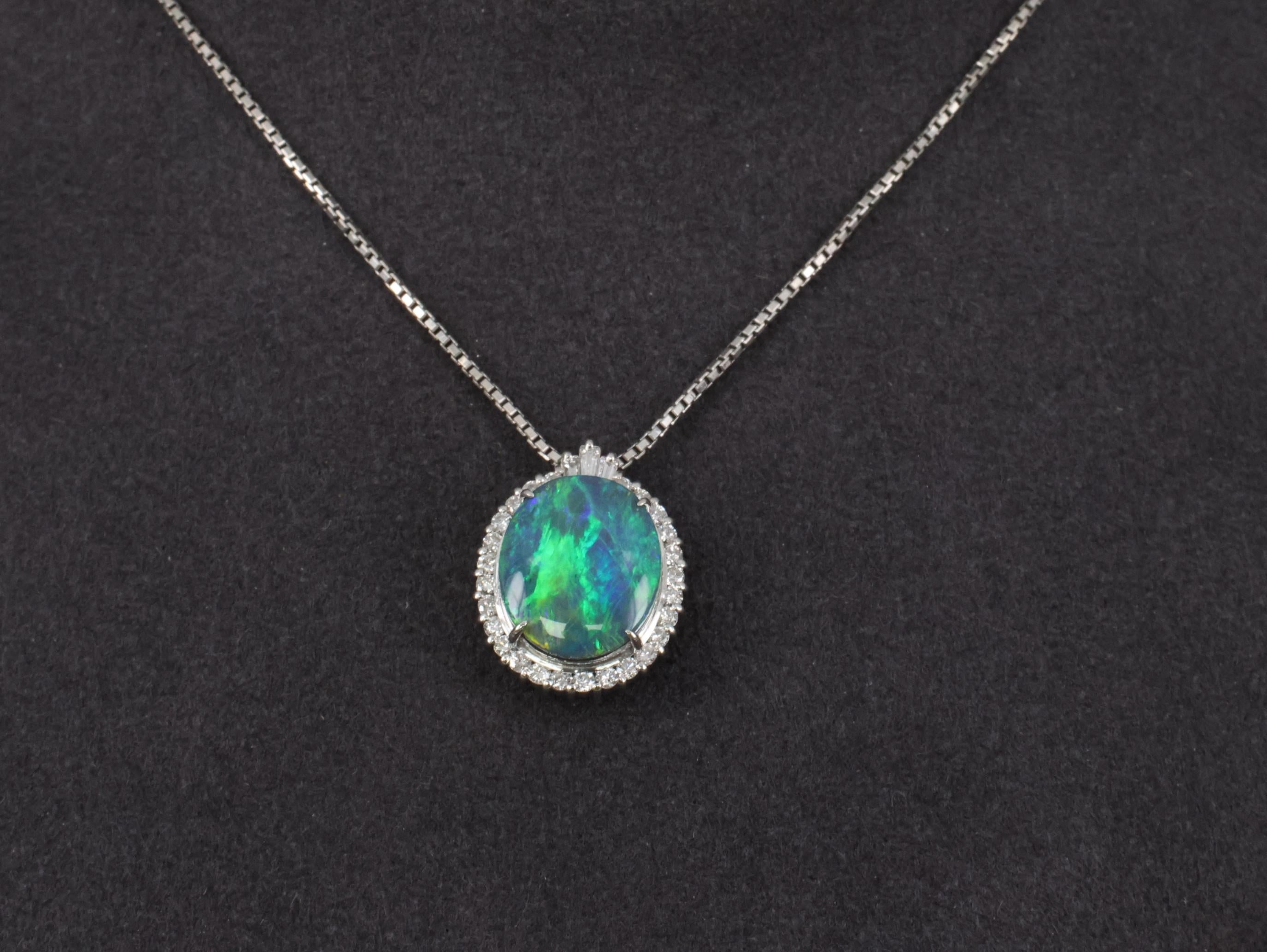 Fine 2.25ct Natural Untreated Black Opal & 0.36ct Diamond Halo Platinum Necklace