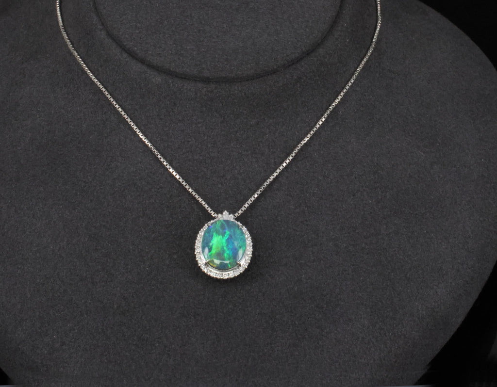 Fine 2.25ct Natural Untreated Black Opal & 0.36ct Diamond Halo Platinum Necklace