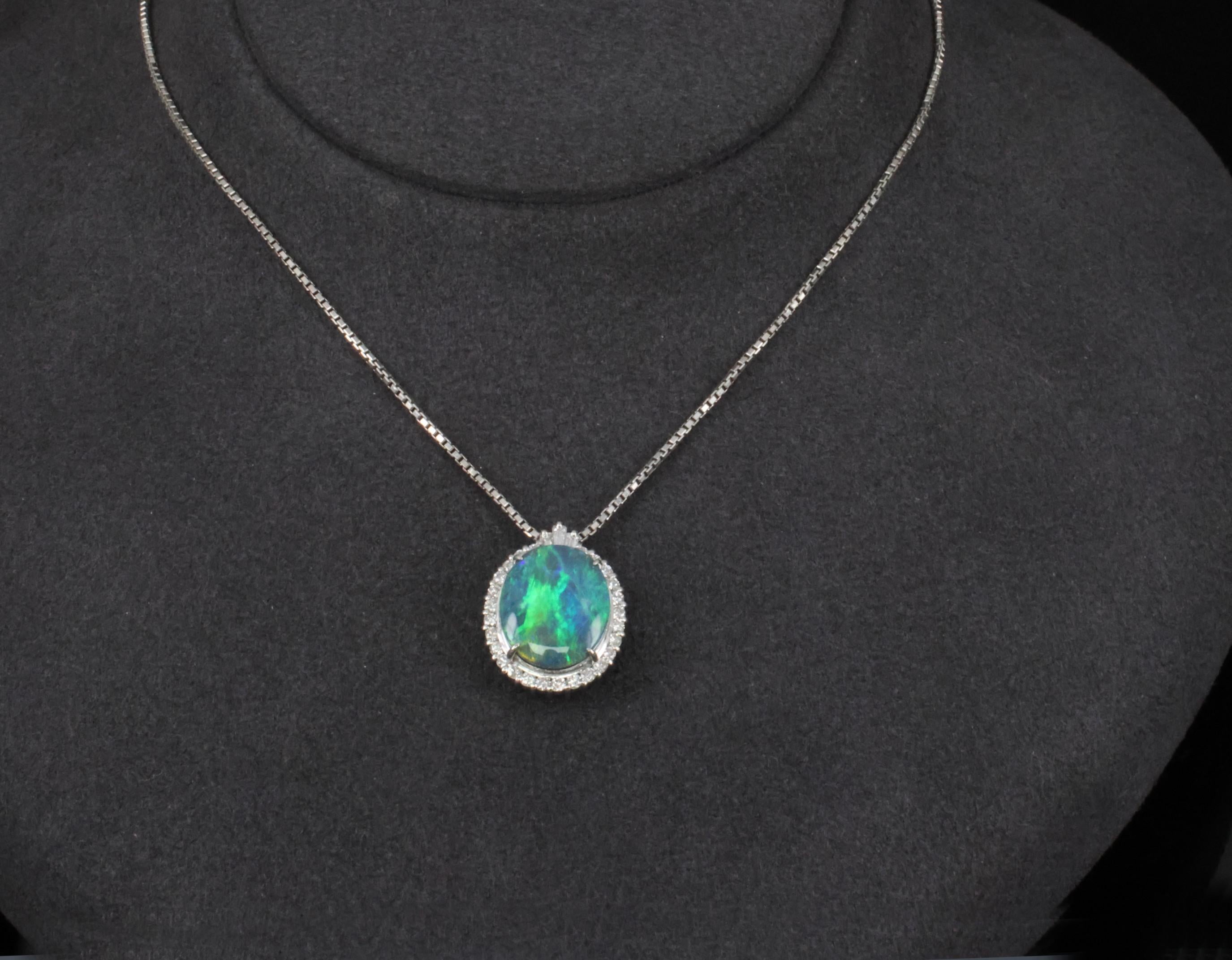 Fine 2.25ct Natural Untreated Black Opal & 0.36ct Diamond Halo Platinum Necklace