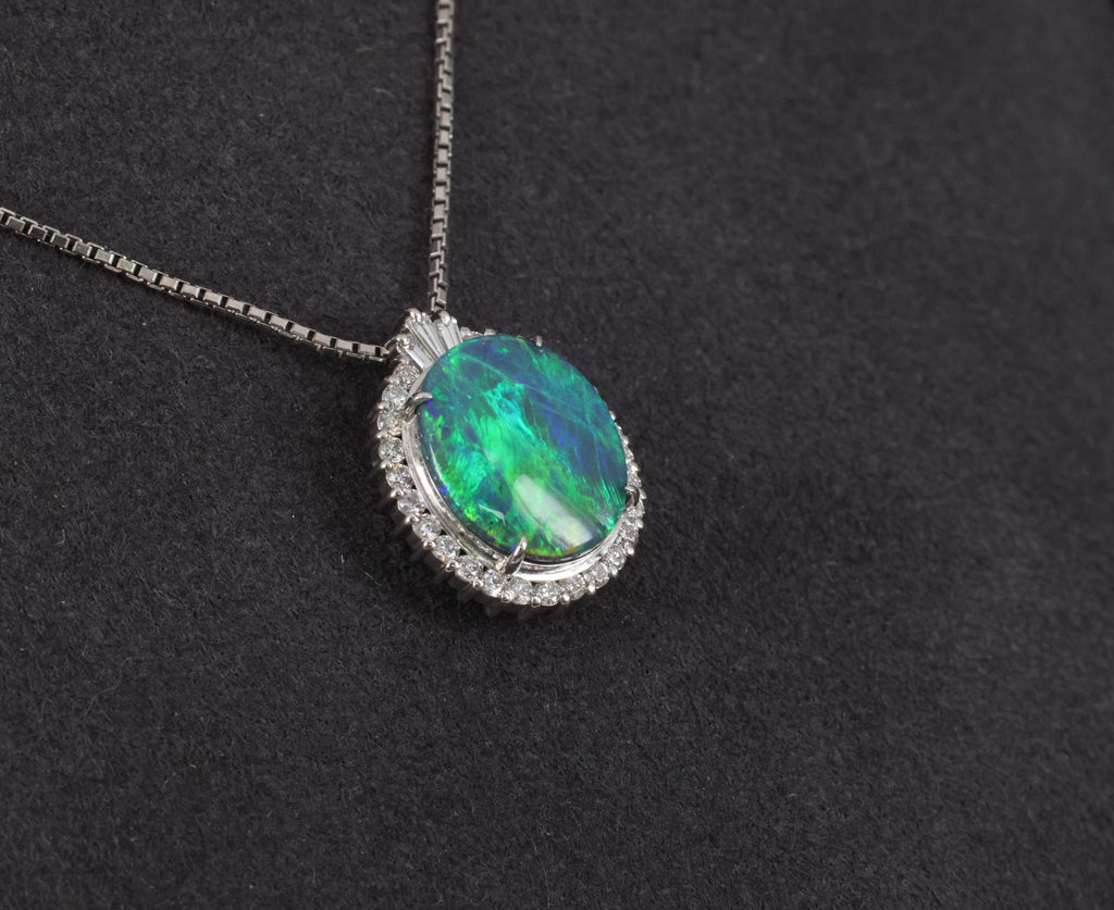 Fine 2.25ct Natural Untreated Black Opal & 0.36ct Diamond Halo Platinum Necklace