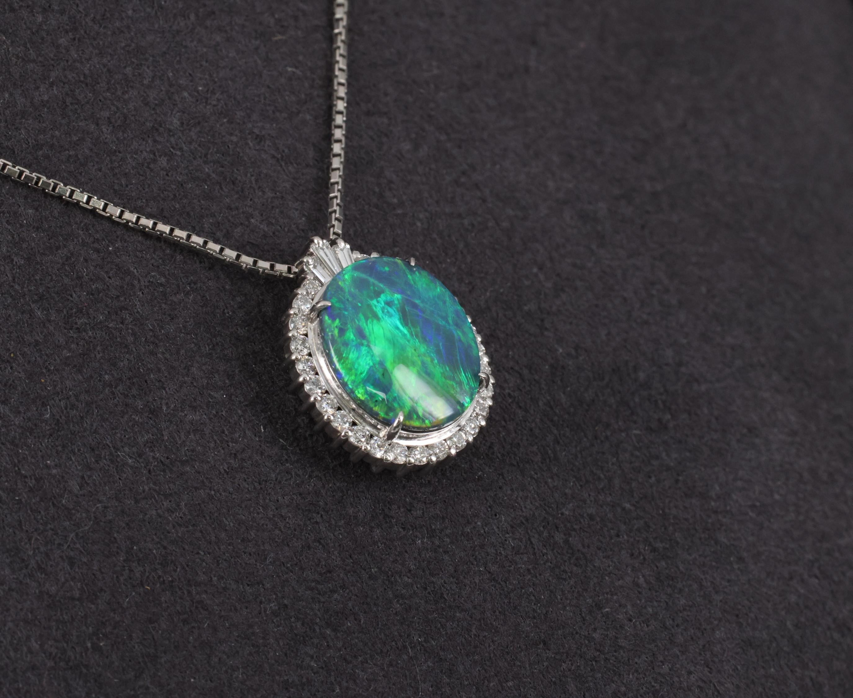 Fine 2.25ct Natural Untreated Black Opal & 0.36ct Diamond Halo Platinum Necklace
