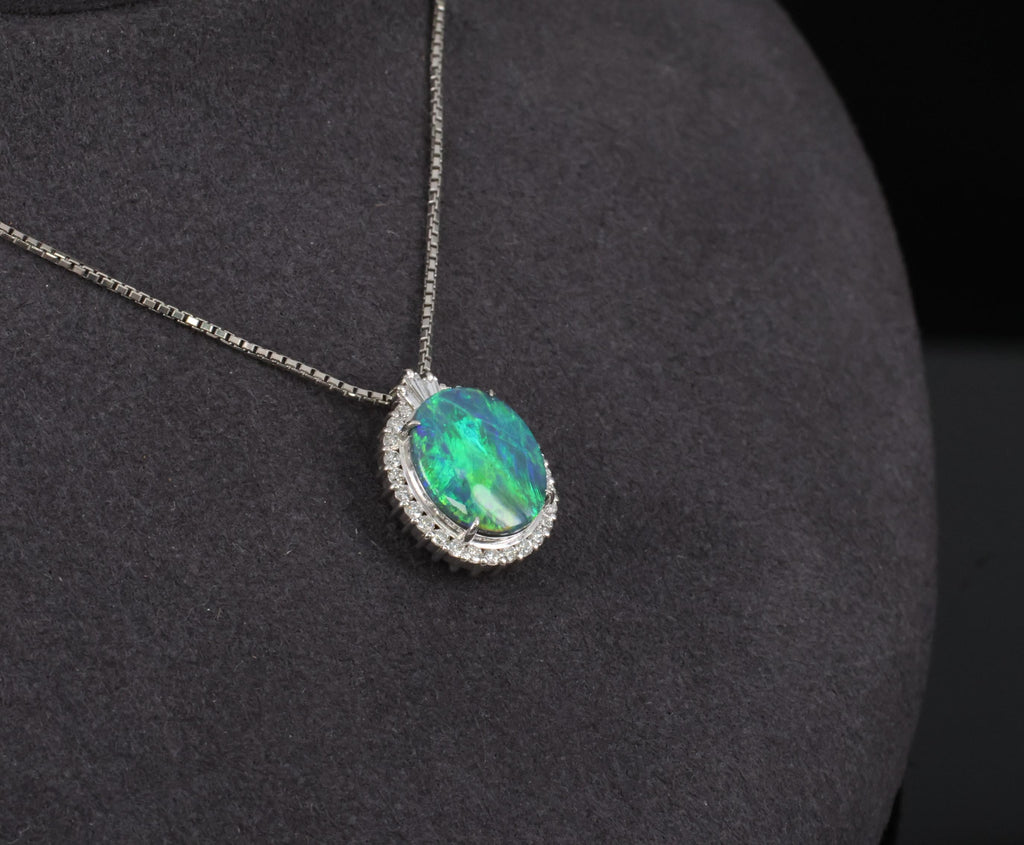 Fine 2.25ct Natural Untreated Black Opal & 0.36ct Diamond Halo Platinum Necklace