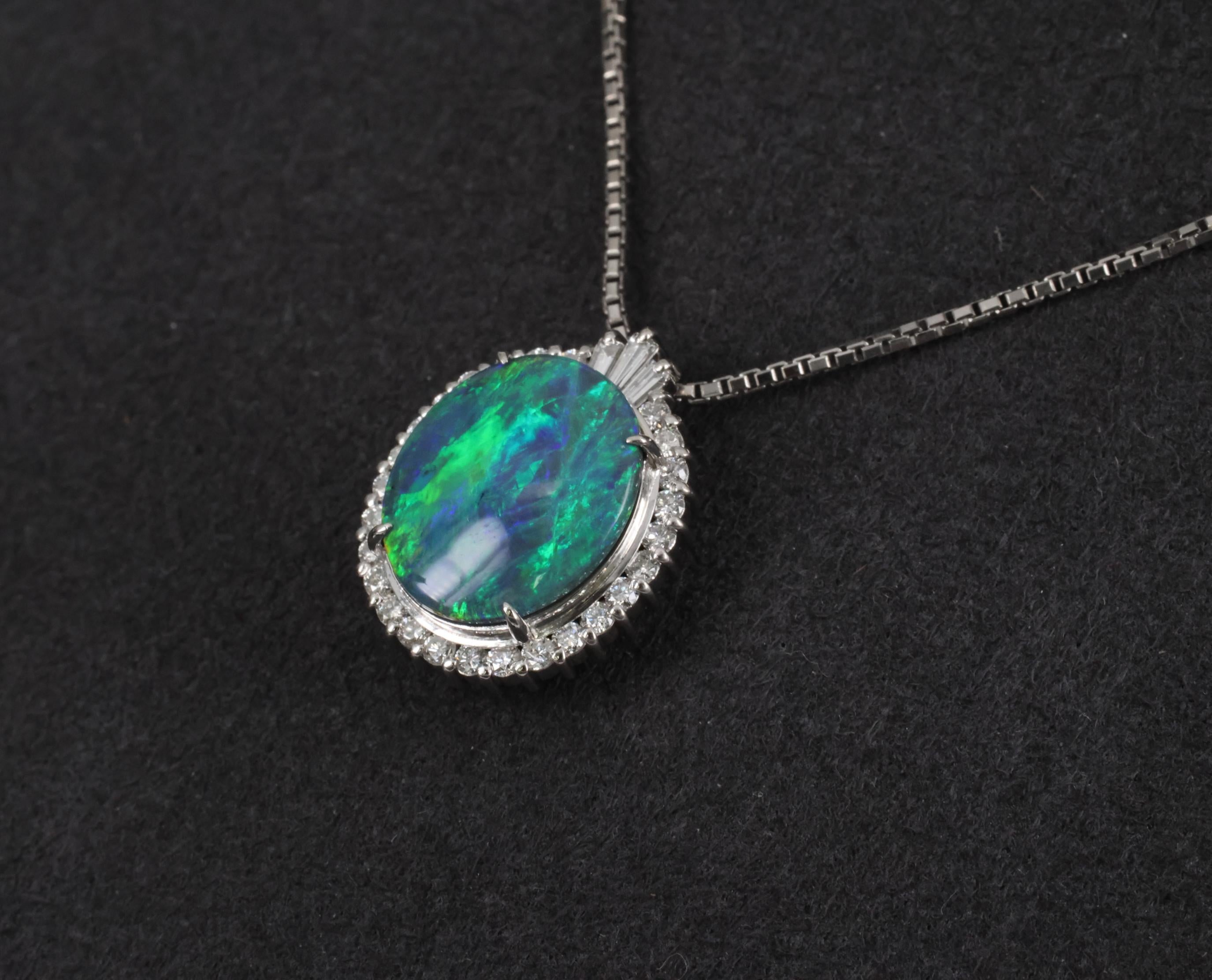 Fine 2.25ct Natural Untreated Black Opal & 0.36ct Diamond Halo Platinum Necklace