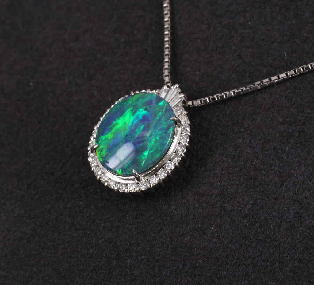 Fine 2.25ct Natural Untreated Black Opal & 0.36ct Diamond Halo Platinum Necklace