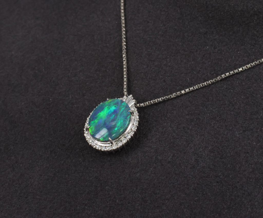 Fine 2.25ct Natural Untreated Black Opal & 0.36ct Diamond Halo Platinum Necklace