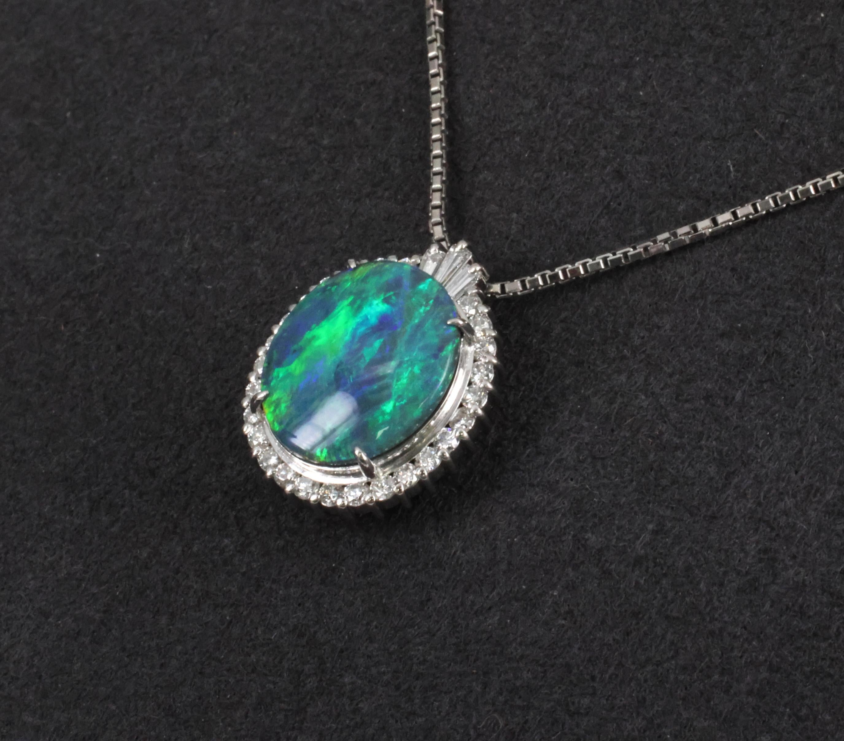 Fine 2.25ct Natural Untreated Black Opal & 0.36ct Diamond Halo Platinum Necklace