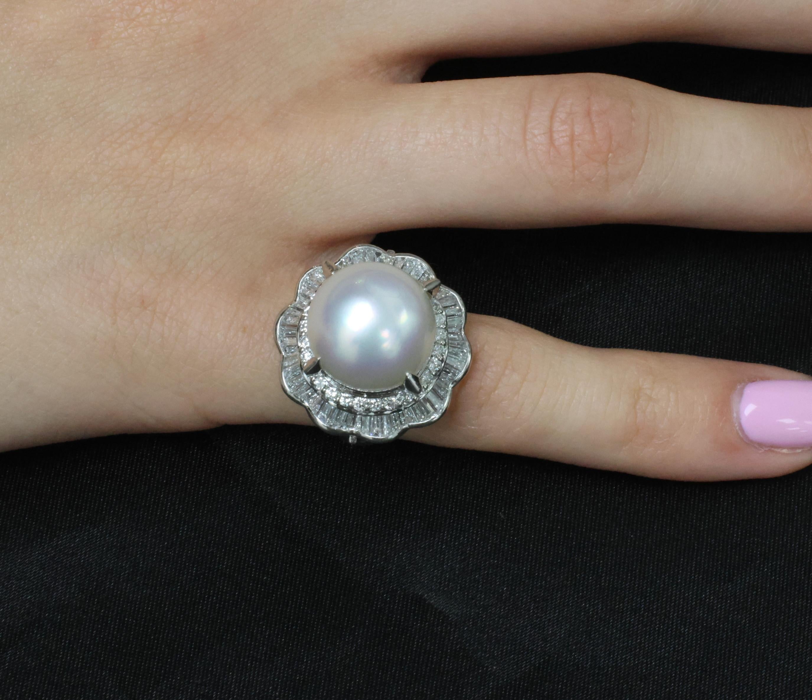Rare 14mm South Seas Pearl & 1.97ct Diamond Double Halo Platinum Ring, Size 5.5