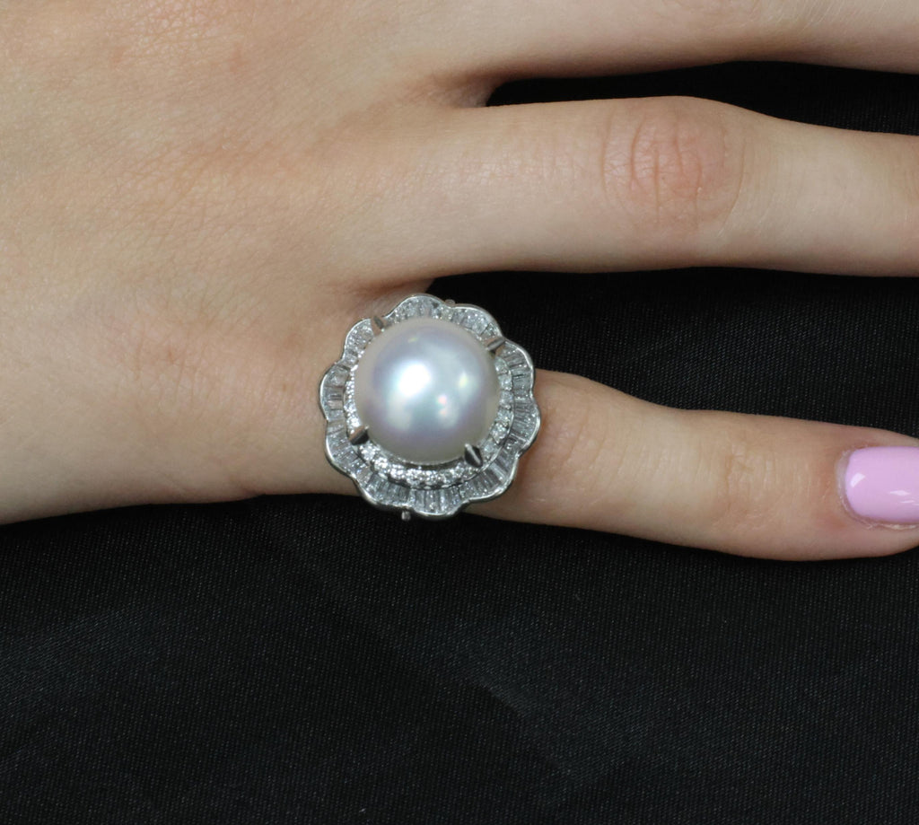 Rare 14mm South Seas Pearl & 1.97ct Diamond Double Halo Platinum Ring, Size 5.5
