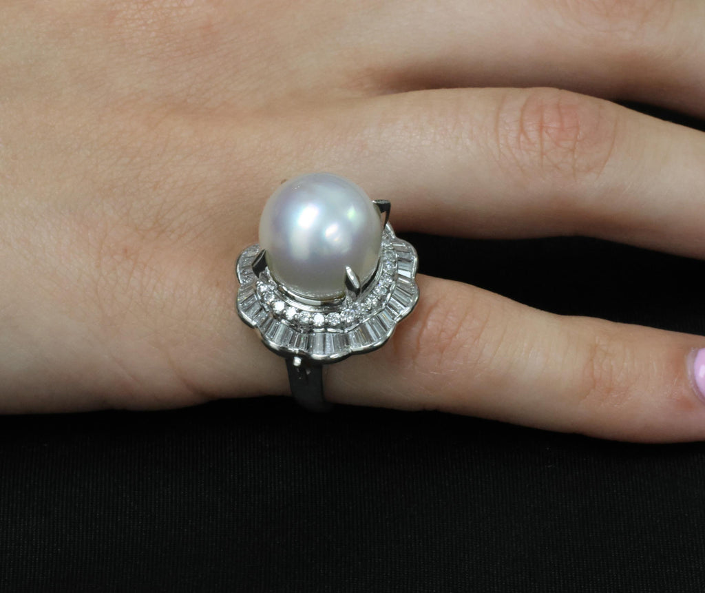 Rare 14mm South Seas Pearl & 1.97ct Diamond Double Halo Platinum Ring, Size 5.5