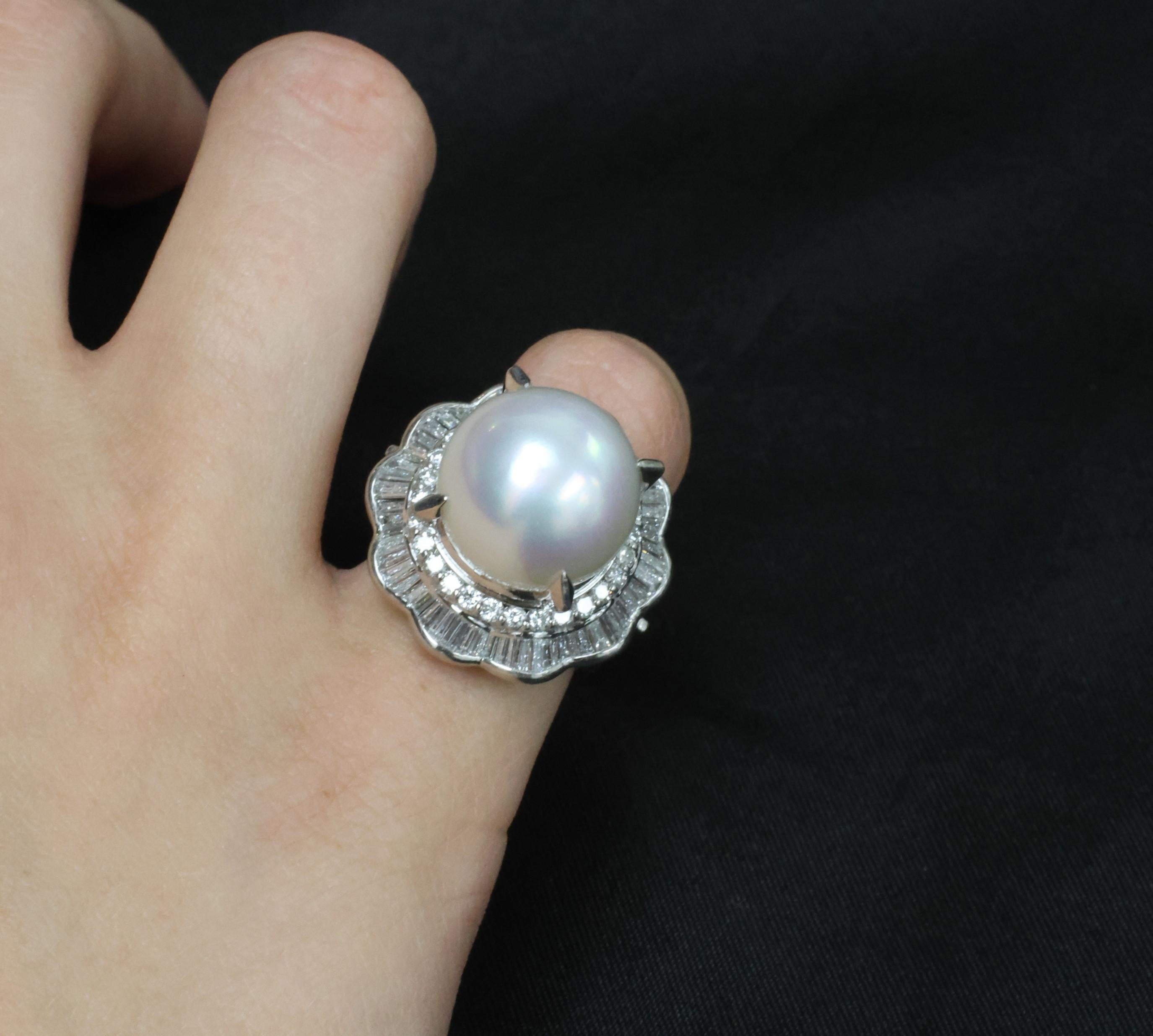 Rare 14mm South Seas Pearl & 1.97ct Diamond Double Halo Platinum Ring, Size 5.5
