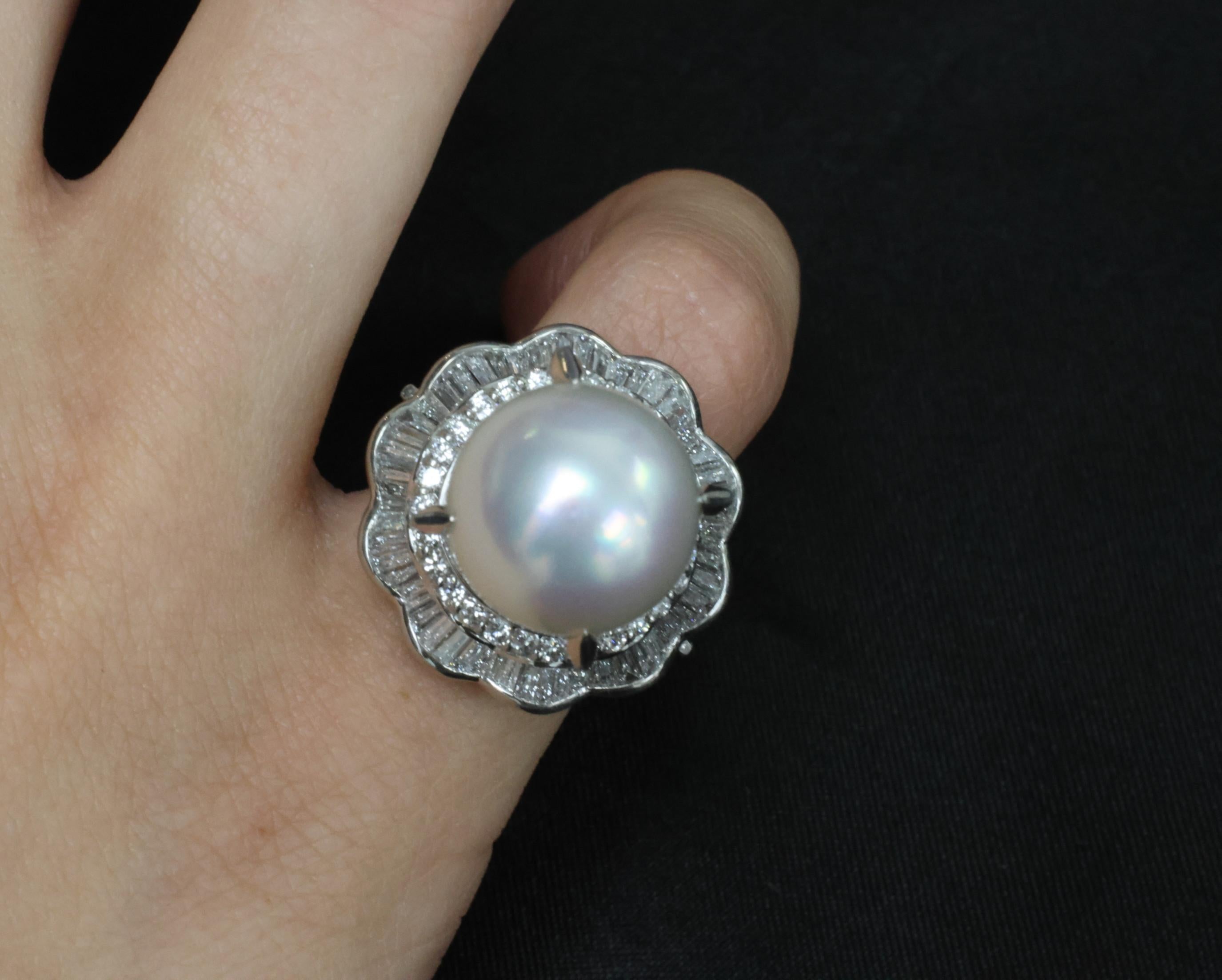 Rare 14mm South Seas Pearl & 1.97ct Diamond Double Halo Platinum Ring, Size 5.5