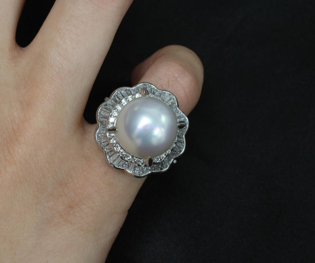 Rare 14mm South Seas Pearl & 1.97ct Diamond Double Halo Platinum Ring, Size 5.5