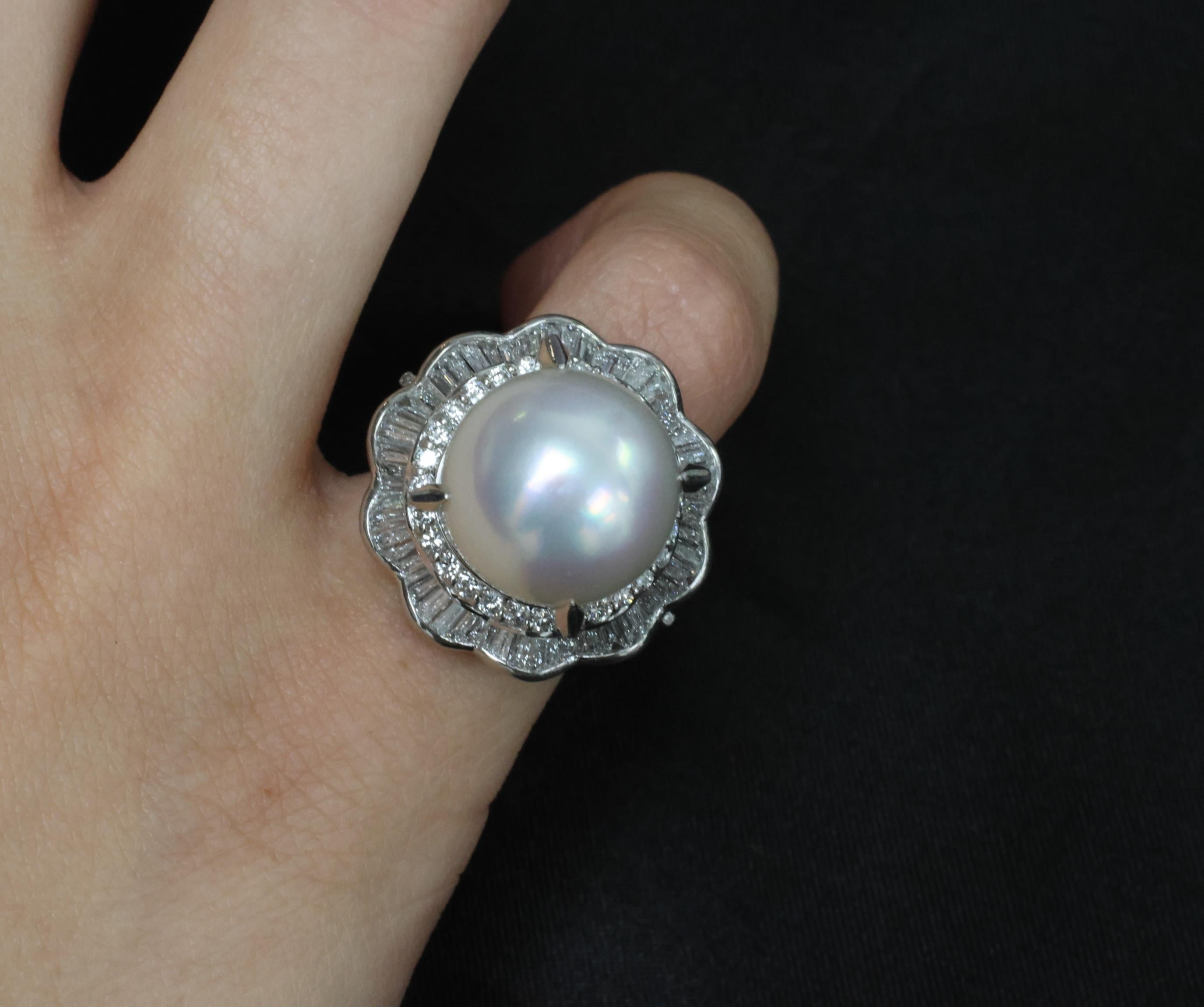 Rare 14mm South Seas Pearl & 1.97ct Diamond Double Halo Platinum Ring, Size 5.5