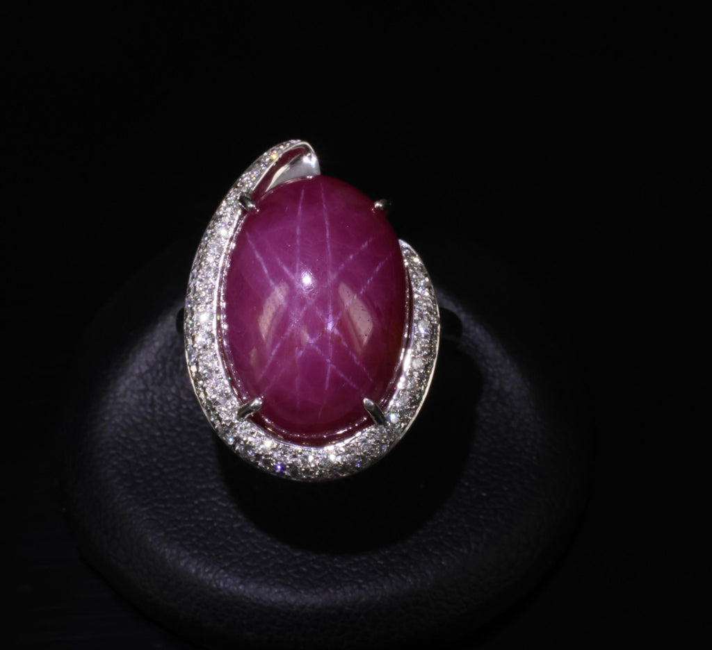 RARE! 20.02ct Natural Double Star Ruby & 0.45ct Diamond 18K Gold Ring, Size 6.25