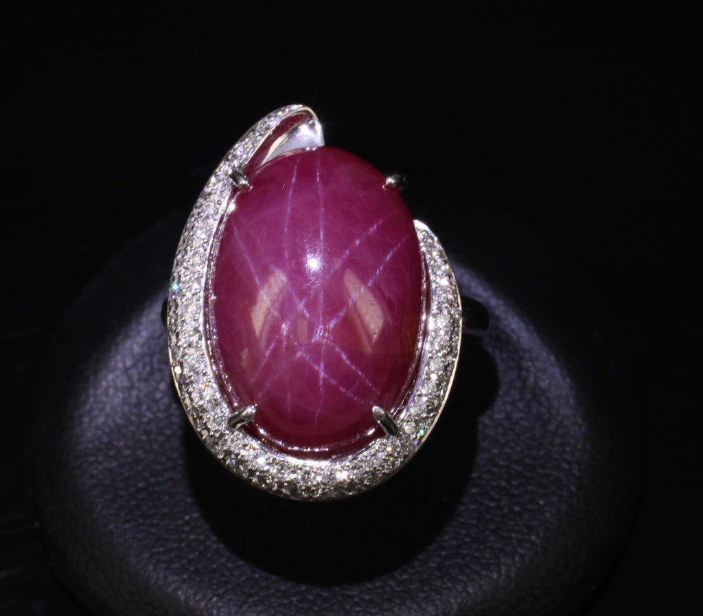 RARE! 20.02ct Natural Double Star Ruby & 0.45ct Diamond 18K Gold Ring, Size 6.25