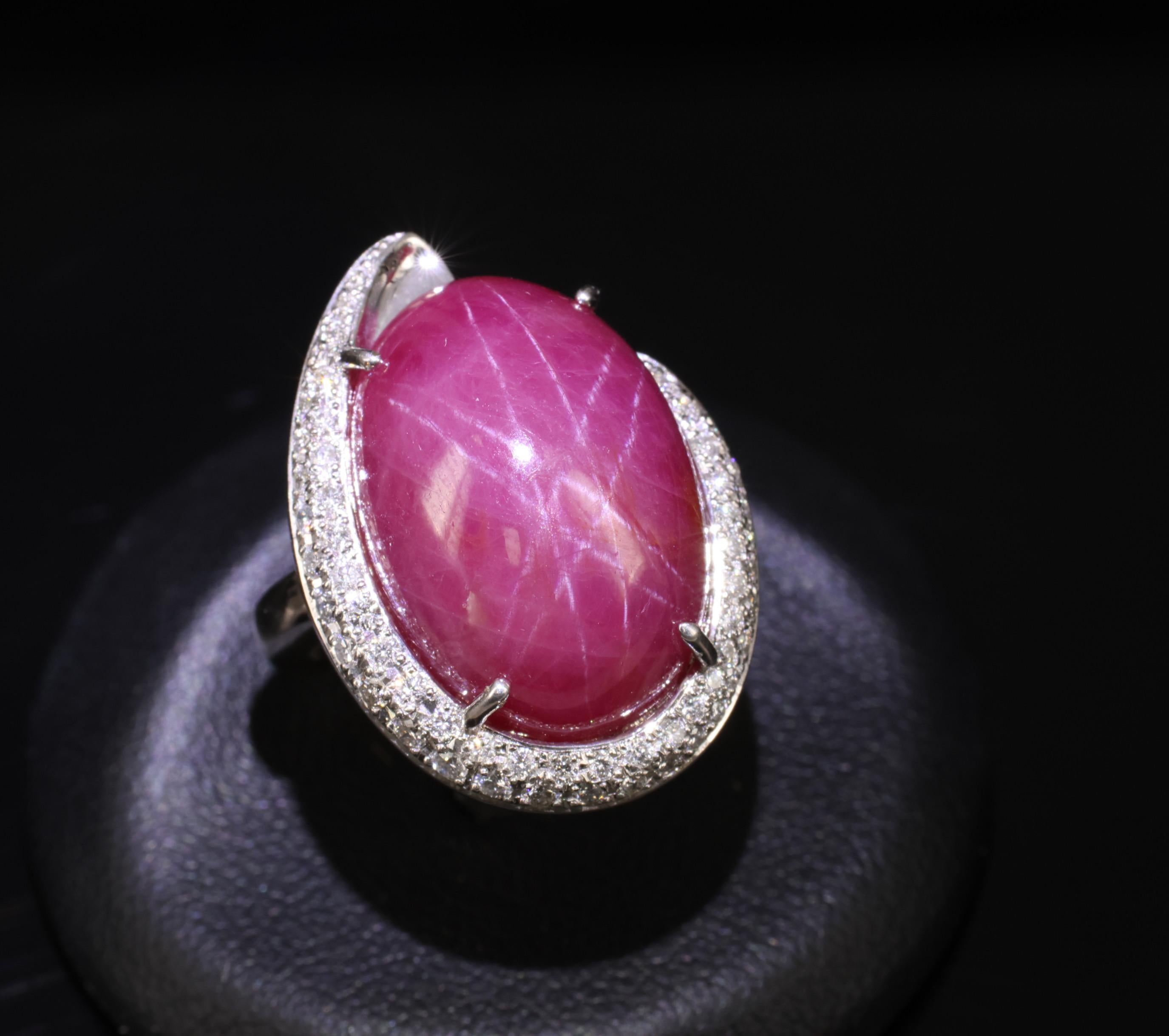 RARE! 20.02ct Natural Double Star Ruby & 0.45ct Diamond 18K Gold Ring, Size 6.25